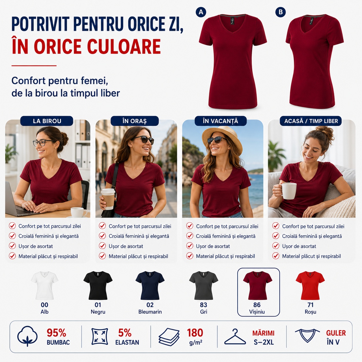 Tricou damă Malfini Premium potrivit pentru orice zi Tricou damă cu guler în V potrivit pentru birou, oraș, vacanță și timp liber