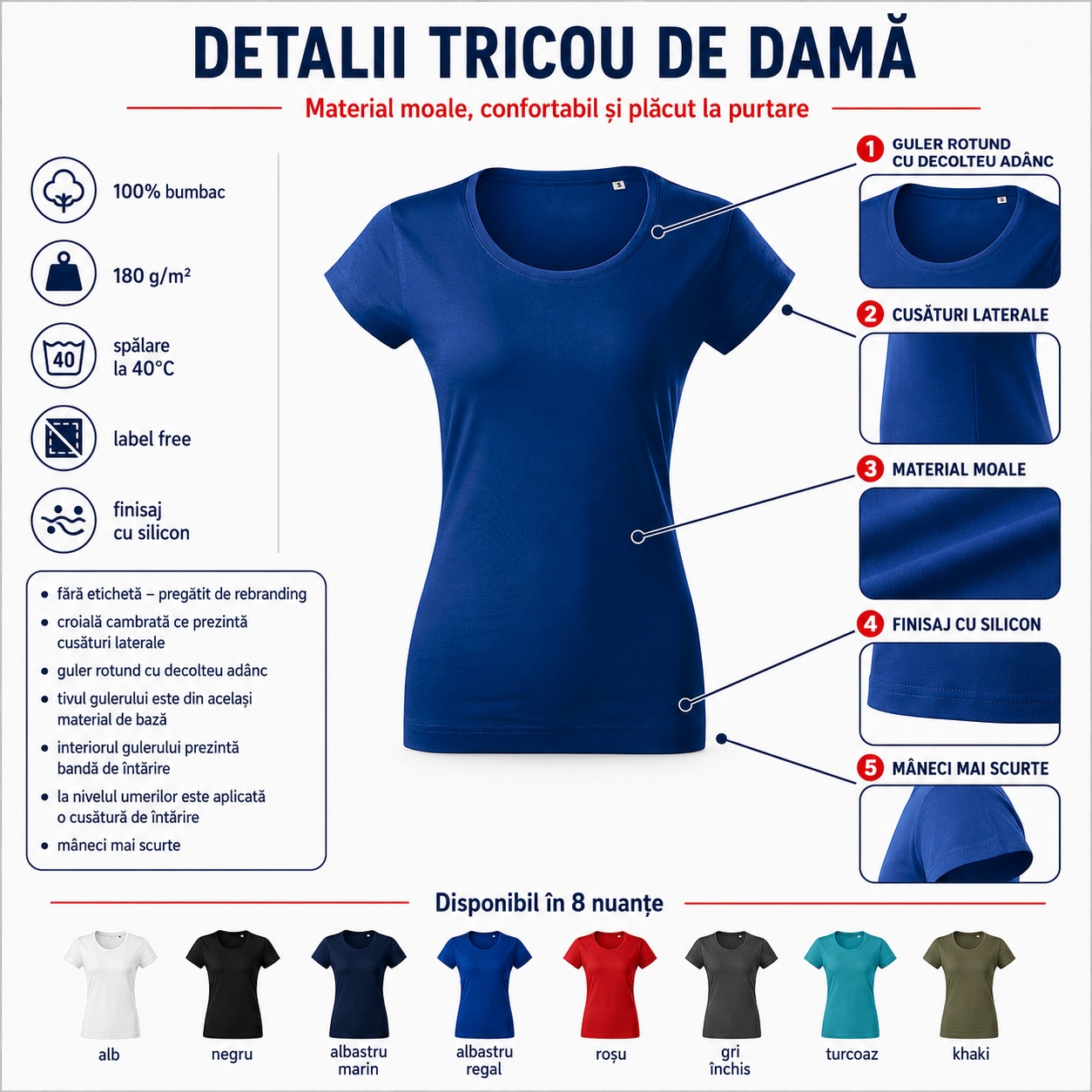 Detalii tricou damă Malfini Viper Free F61, guler rotund, cusături laterale, finisaj cu silicon
