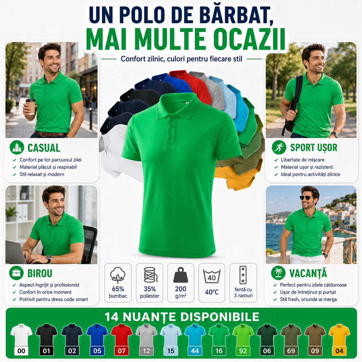 Polo Bărbat Malfini F03 pentru Casual, Birou, Sport Ușor și Vacanță Un polo de bărbat pentru mai multe ocazii casual birou sport ușor vacanță 65% bumbac 35% poliester 200 g/m²