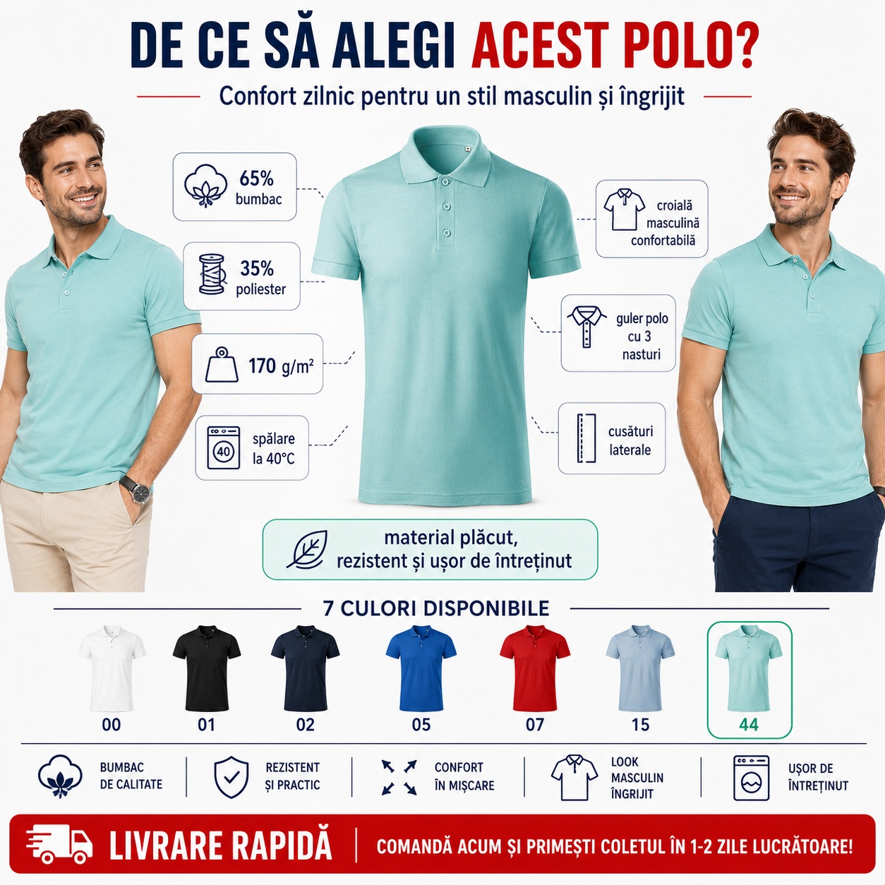 De ce să alegi acest tricou polo de bărbat, material plăcut, 65% bumbac, 35% poliester, 170 g/m&sup2;, guler polo cu 3 nasturi