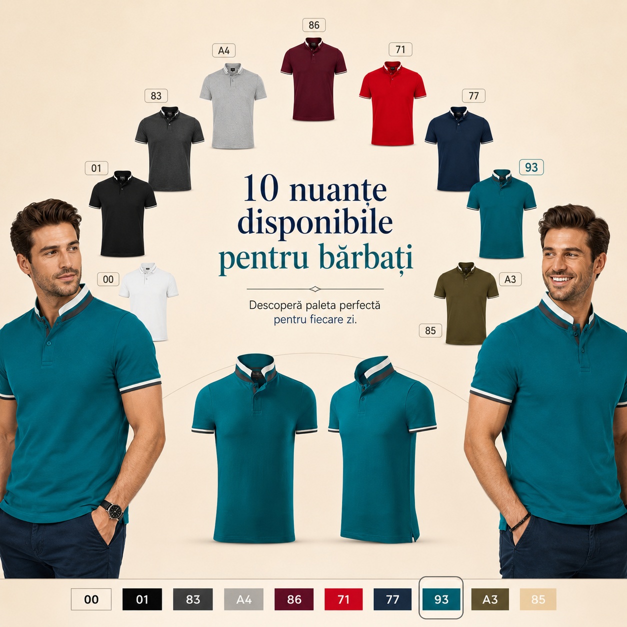 10 nuanțe disponibile pentru tricou polo bărbați 256 Collar Up, paletă completă de culori pentru fiecare zi