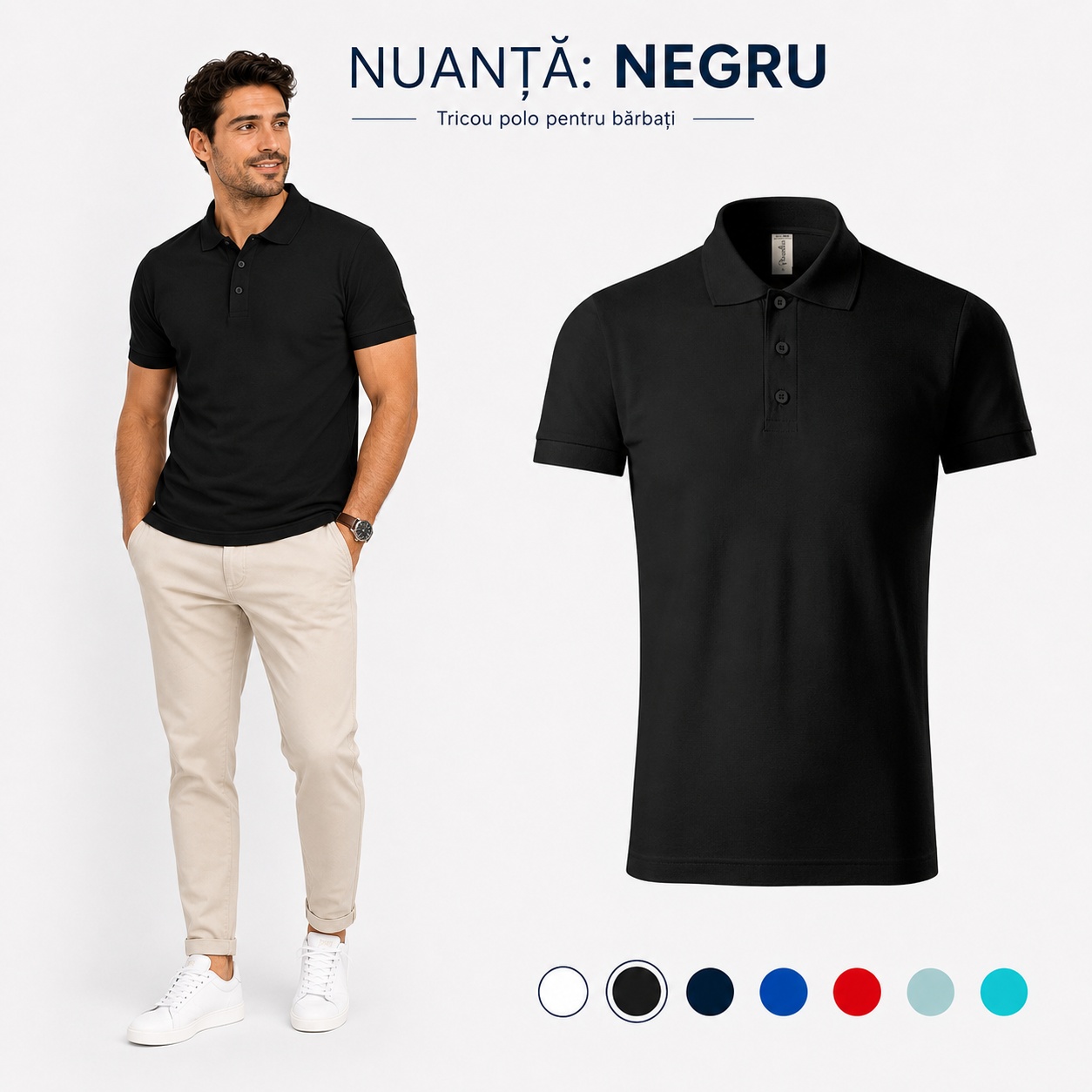Tricou polo bărbați nuanță negru, model simplu, guler polo și croială masculină