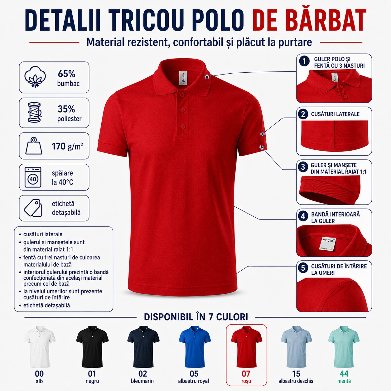 Detalii tricou polo bărbați, guler polo cu fentă și 3 nasturi, cusături laterale, manșete raiate și etichetă detașabilă