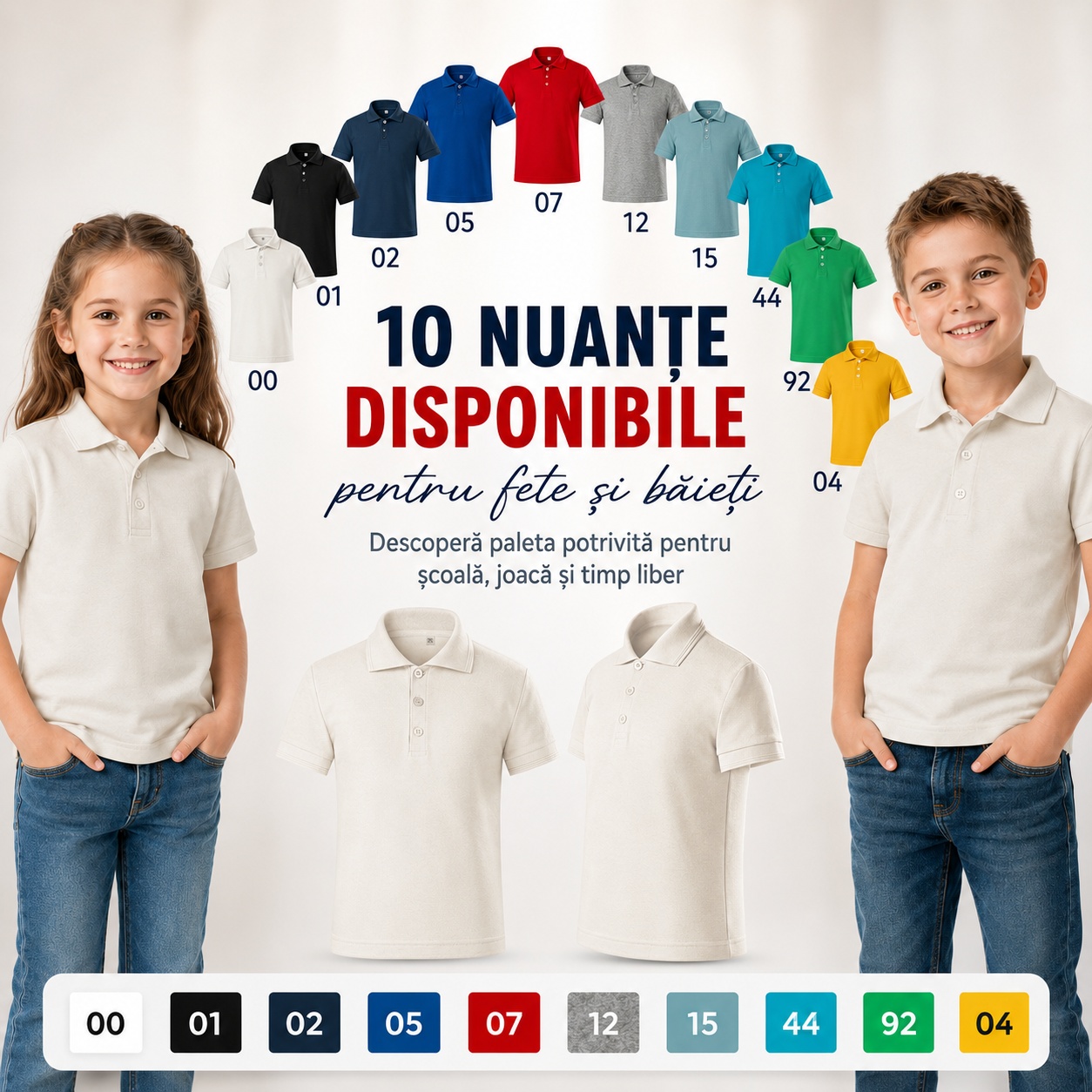 Tricou polo copii tip Tommy cu guler, calitate premium, 10 nuanțe, pentru școală, băieți și fete