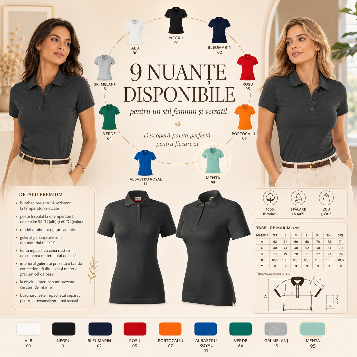 9 nuanțe disponibile - Tricou Polo Damă Rimeck R21 Tricou Polo Damă Rimeck R21 în 9 nuanțe disponibile pentru un stil feminin și versatil