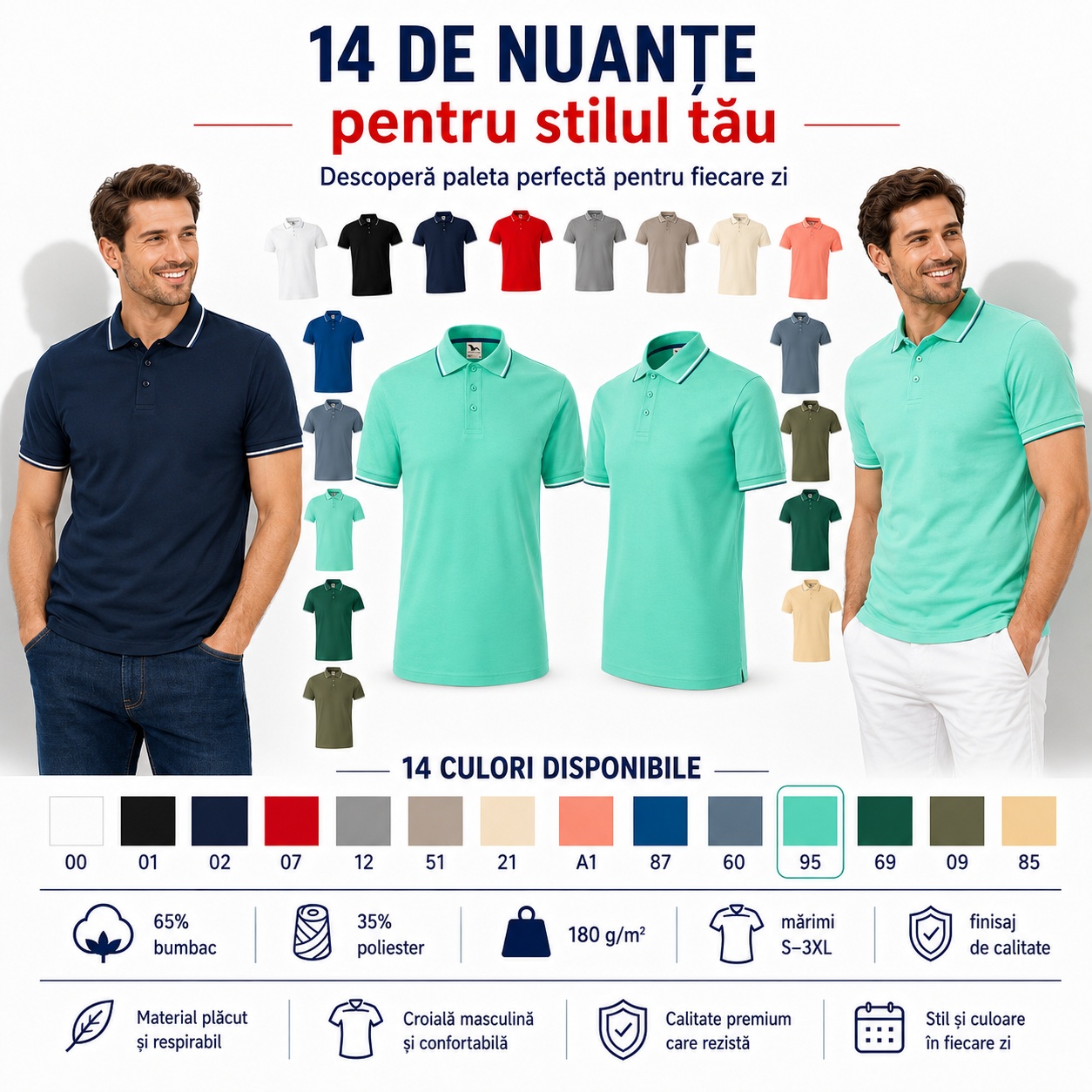 Tricou polo bărbați Malfini Focus, 14 culori disponibile, material plăcut și respirabil