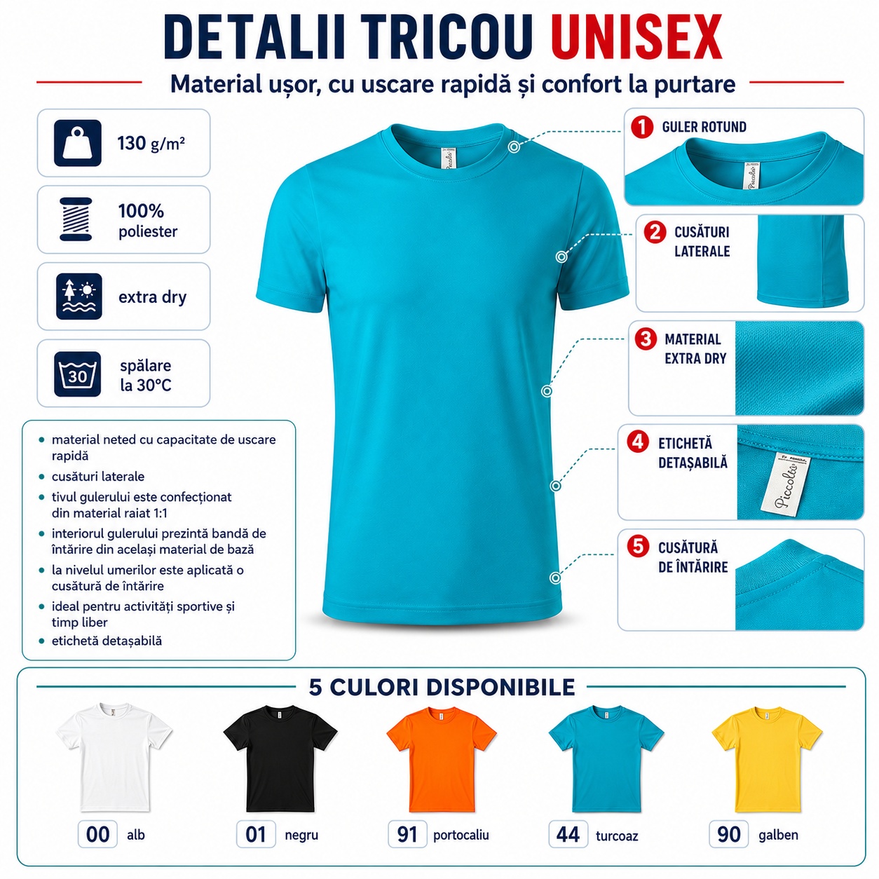 Detalii și finisaje tricou sport Extra Dry Detalii tricou sport Extra Dry guler cusături laterale material și etichetă detașabilă