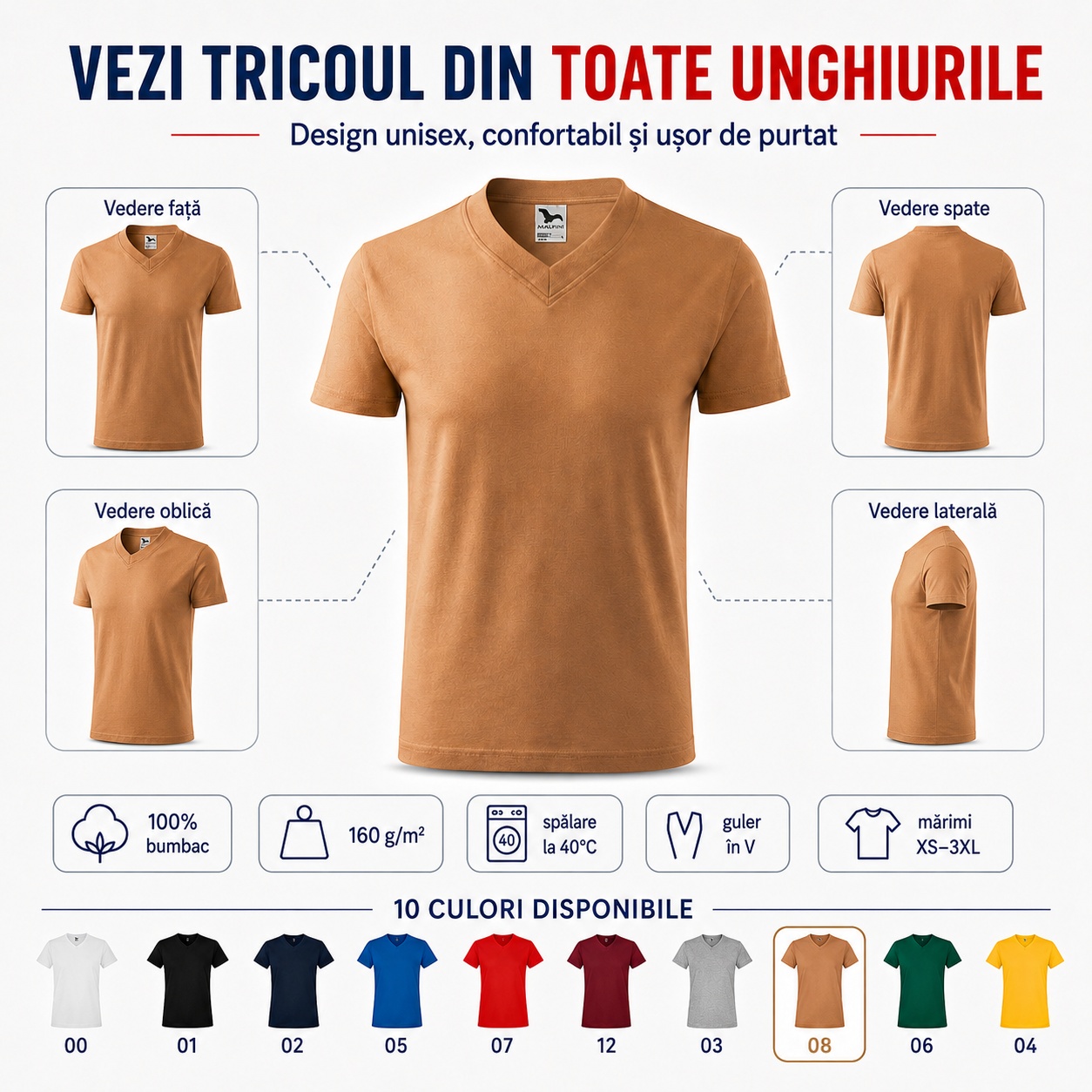 Tricou Malfini 102 văzut din toate unghiurile Tricou Malfini 102 vedere față spate laterală și oblică