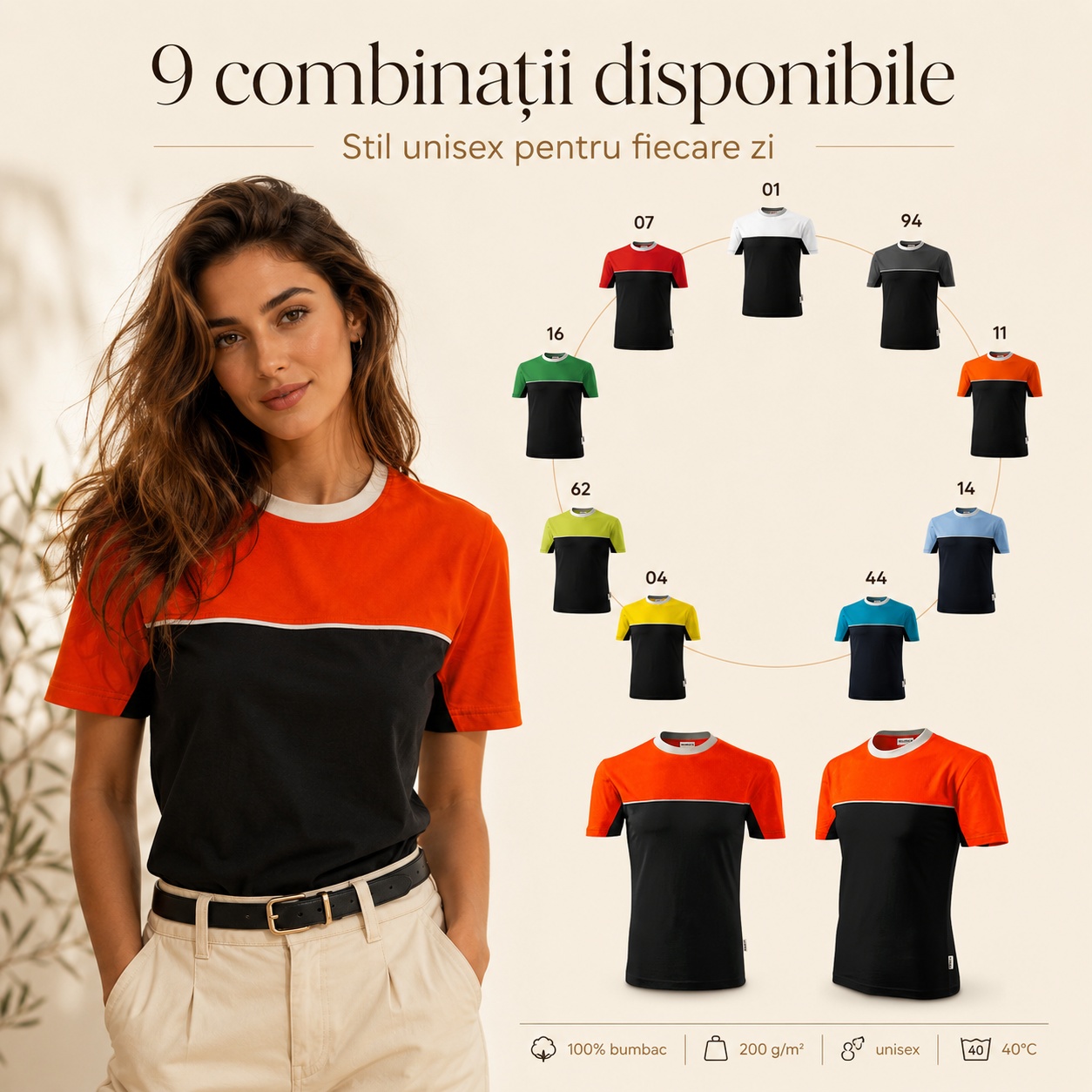 Nouă combinații disponibile Rimeck 109 Colormix Femeie purtând tricoul unisex Rimeck 109 Colormix și prezentarea celor nouă culori