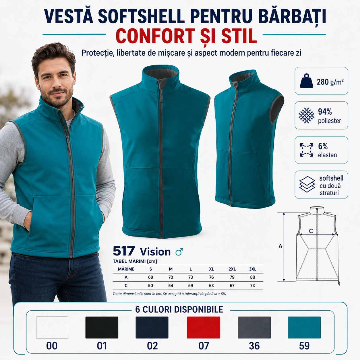 6 culori disponibile vestă bărbați softshell Vision 517