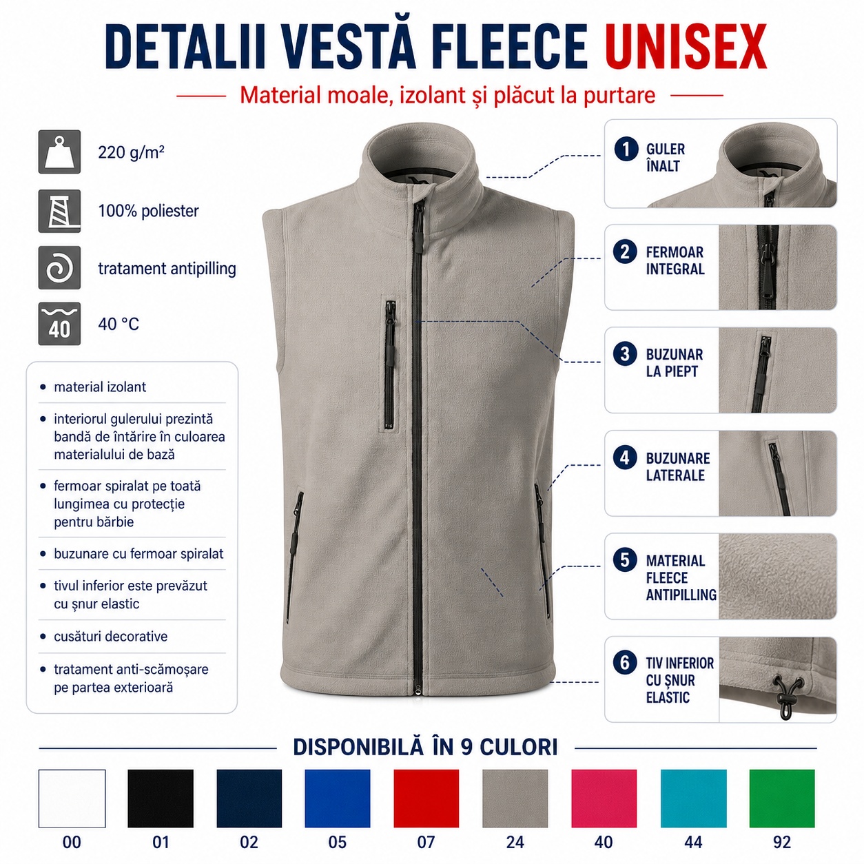 Vestă polar fleece unisex disponibilă în 9 culori
