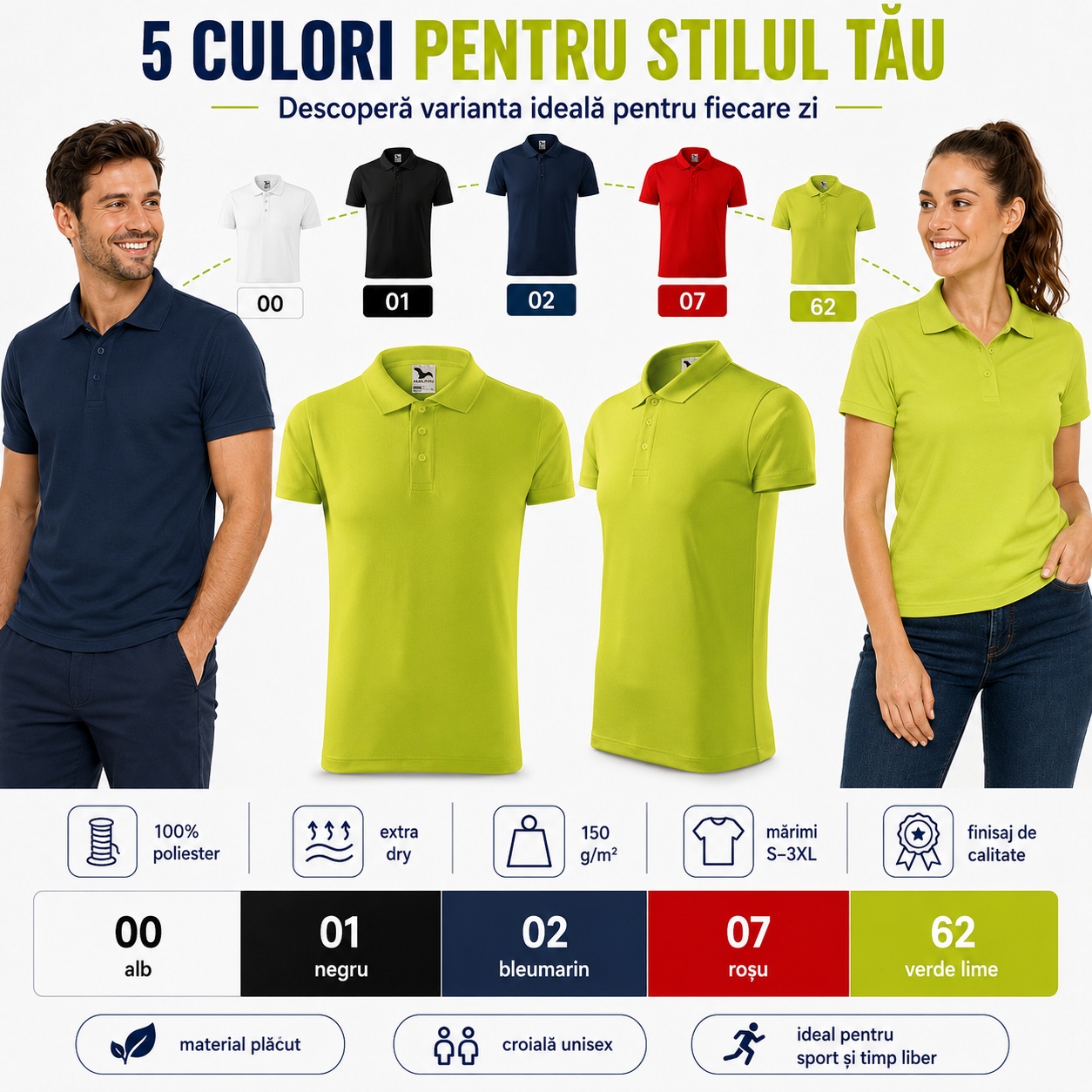 Culori disponibile pentru tricoul polo Malfini 217 Victory Cele cinci culori disponibile pentru tricoul polo unisex Malfini 217 Victory: alb, negru, bleumarin, roșu și verde lime