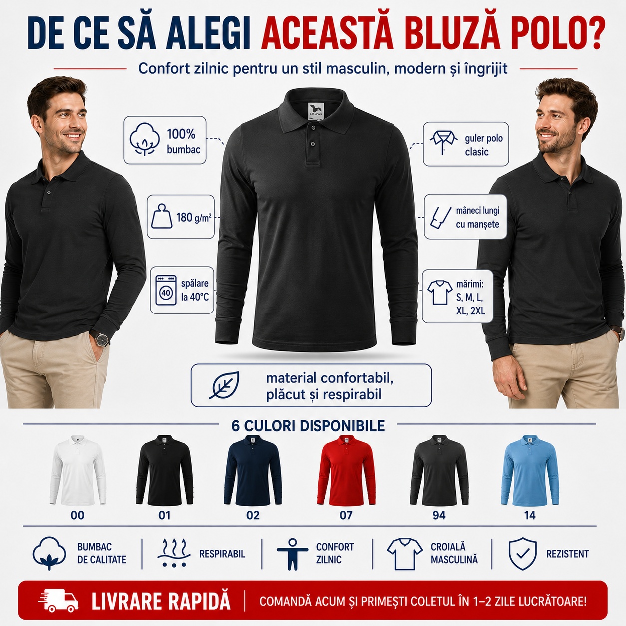 Bluză polo bărbați cu guler tip Tommy, mânecă lungă, 100% bumbac, 6 culori disponibile