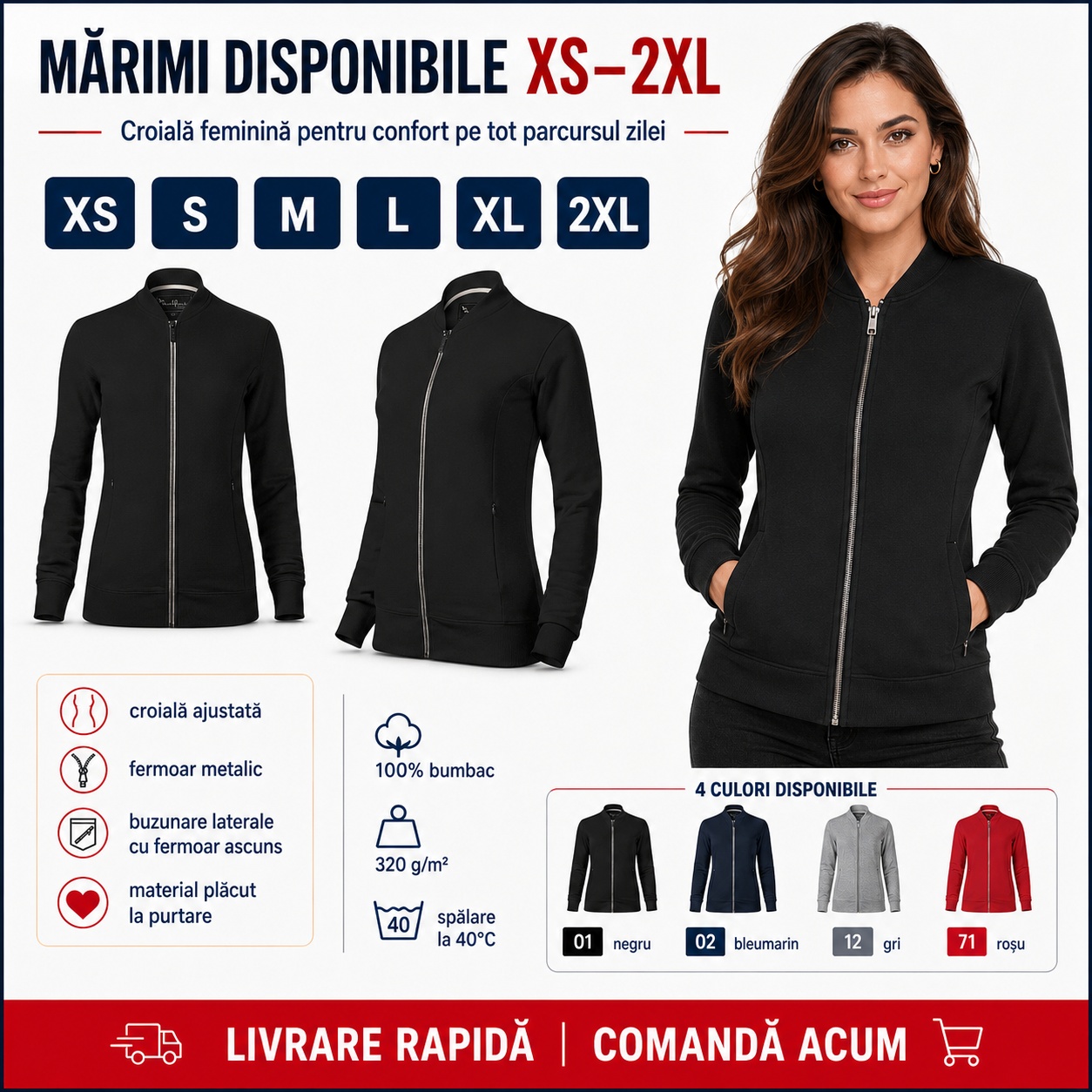 Detalii bluză premium damă Malfini 454 fermoar și buzunare