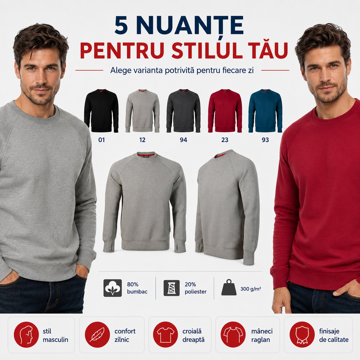 Cinci nuanțe Vertex W42 Sweatshirt Vertex W42 în cinci nuanțe pentru stiluri masculine diferite
