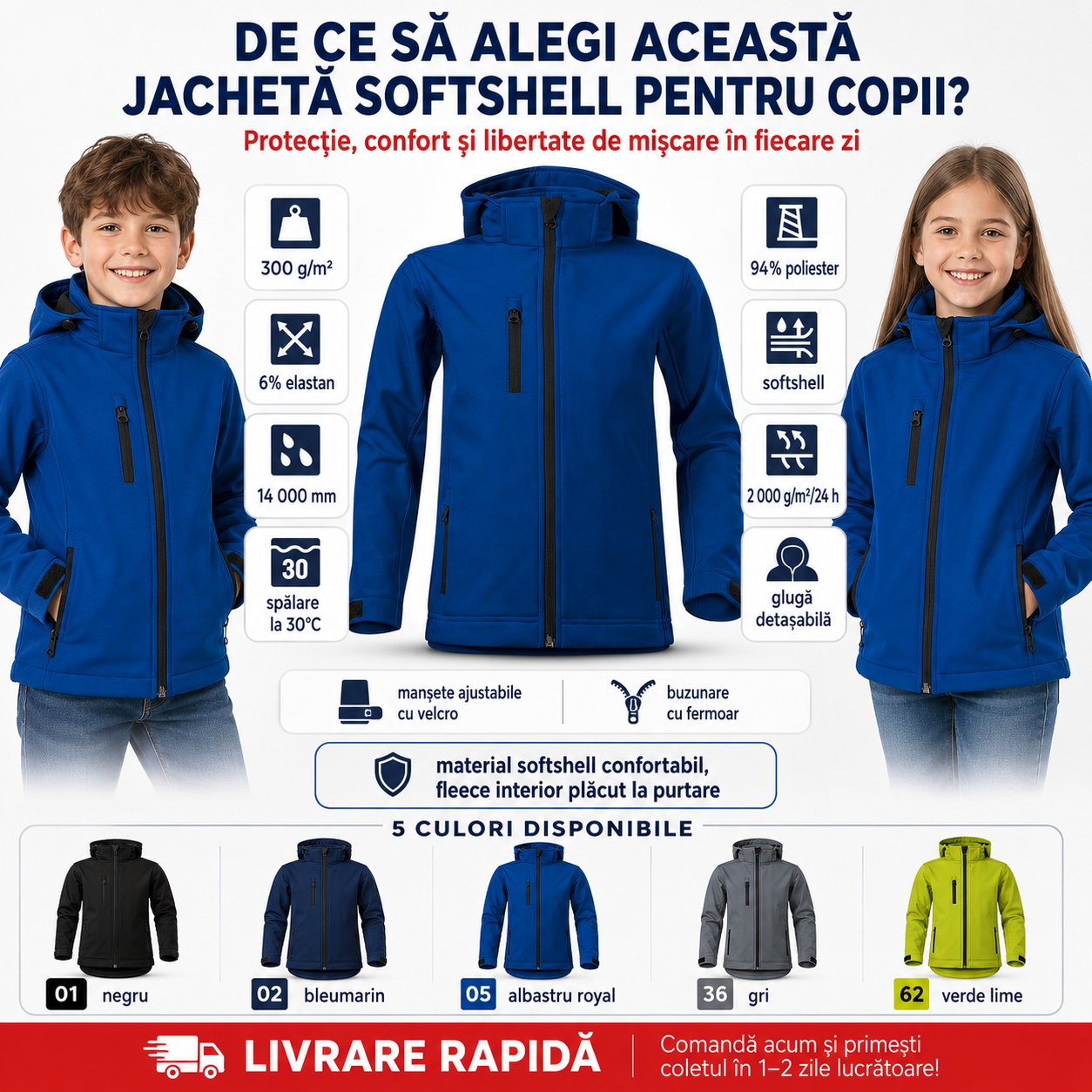 Detalii geacă copii softshell Performance 535 cu glugă detașabilă