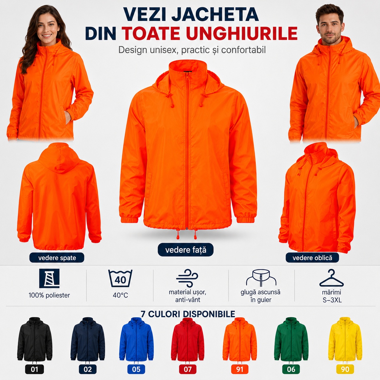 Geacă unisex Windy 524 văzută din față spate și lateral