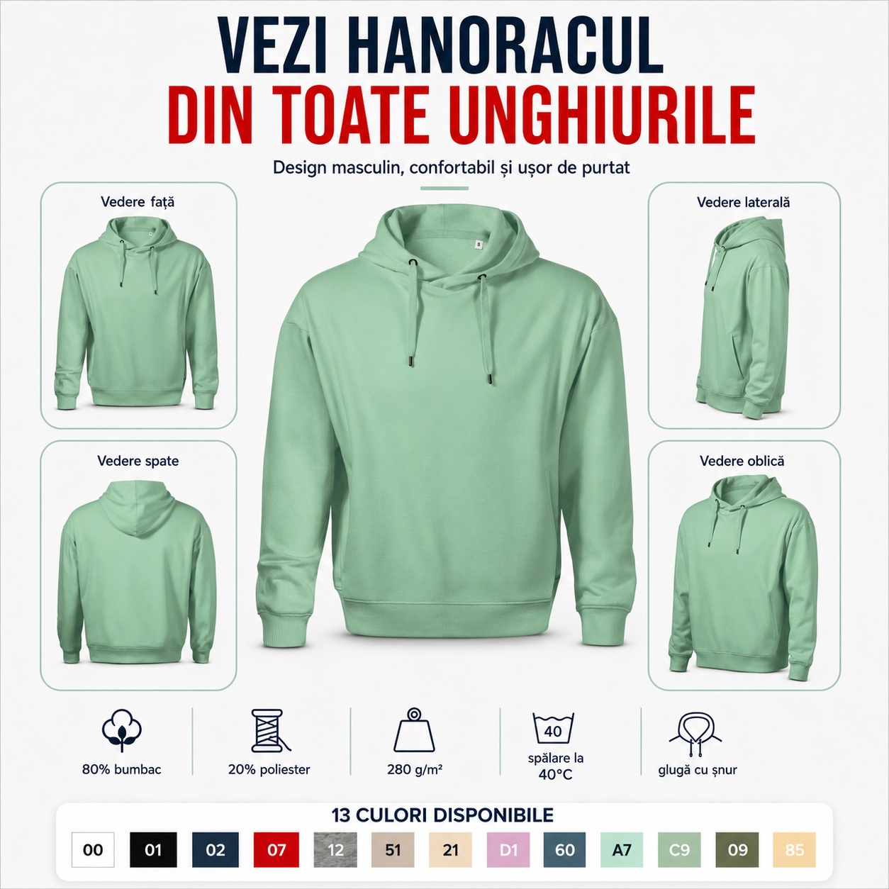 Hanorac bărbați văzut din toate unghiurile Hanorac bărbați prezentat din față, spate, lateral și vedere oblică