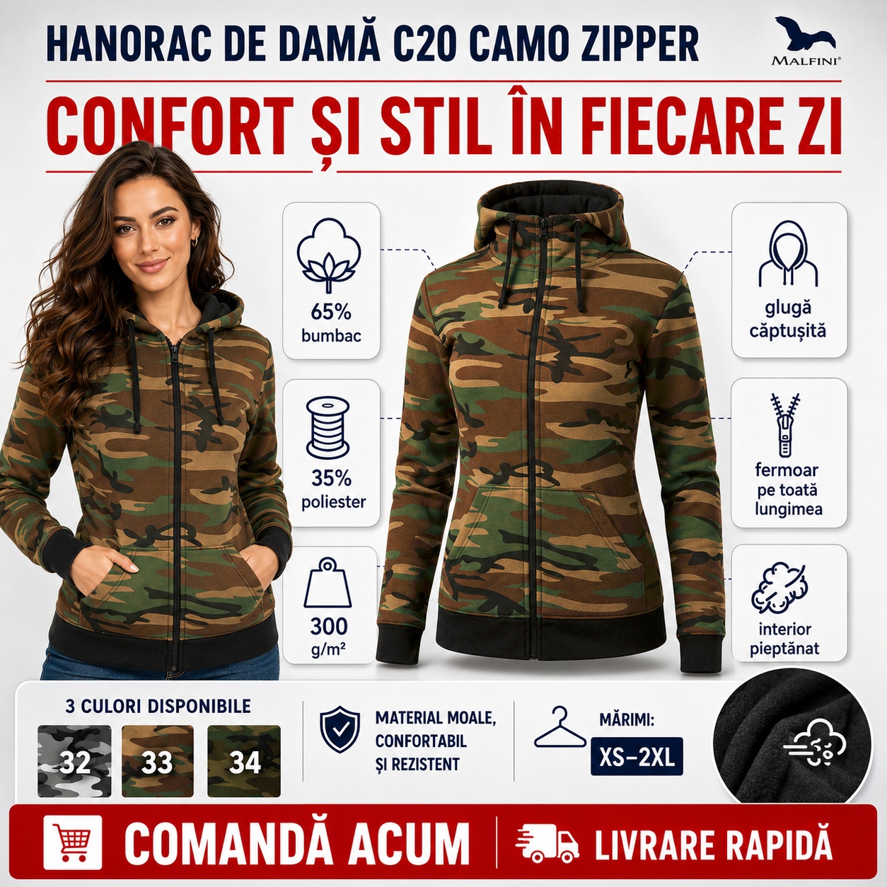 Hanorac de damă camuflaj pentru ținute casual