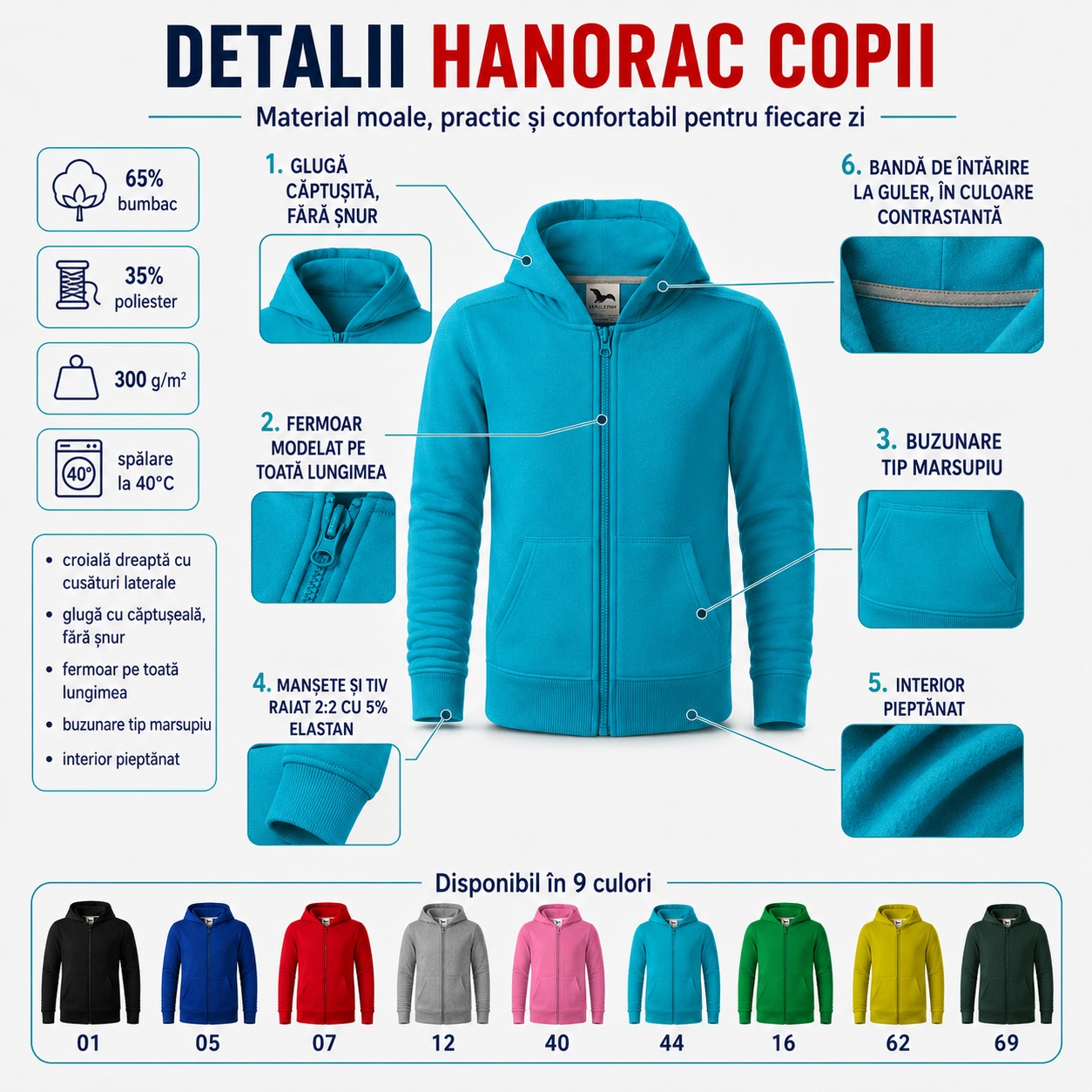 Detalii tehnice hanorac copii cu interior pieptănat și manșete elastice