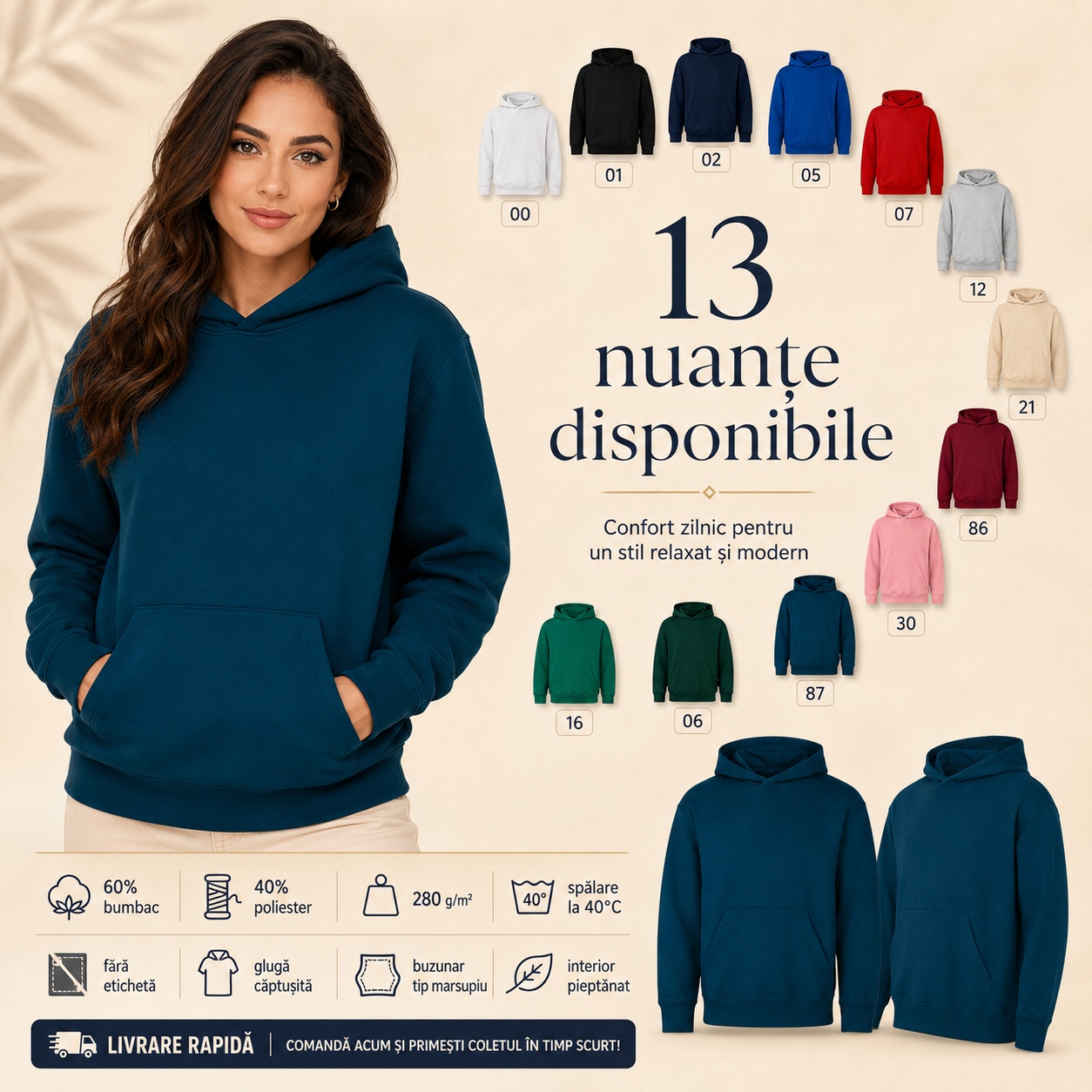 Hanorac unisex cu interior pieptănat și 13 nuanțe disponibile