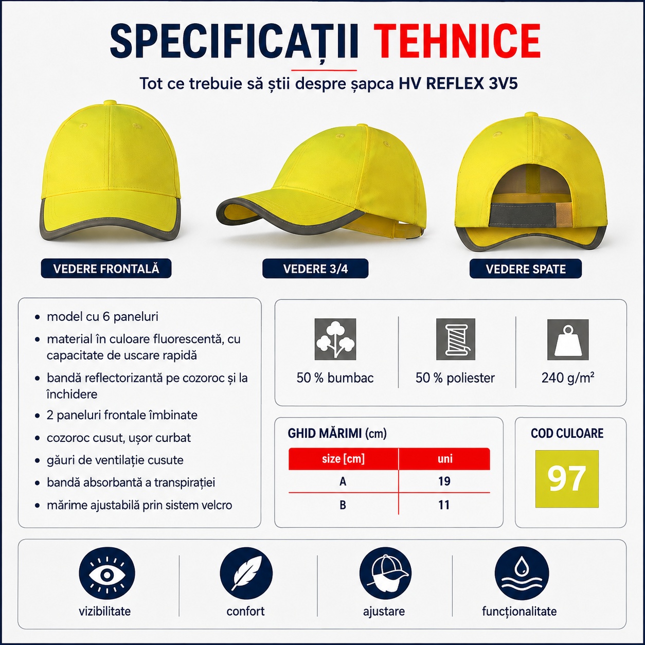 Șapcă galben fluorescent HV Reflex 3V5 cu bandă reflectorizantă pe cozoroc