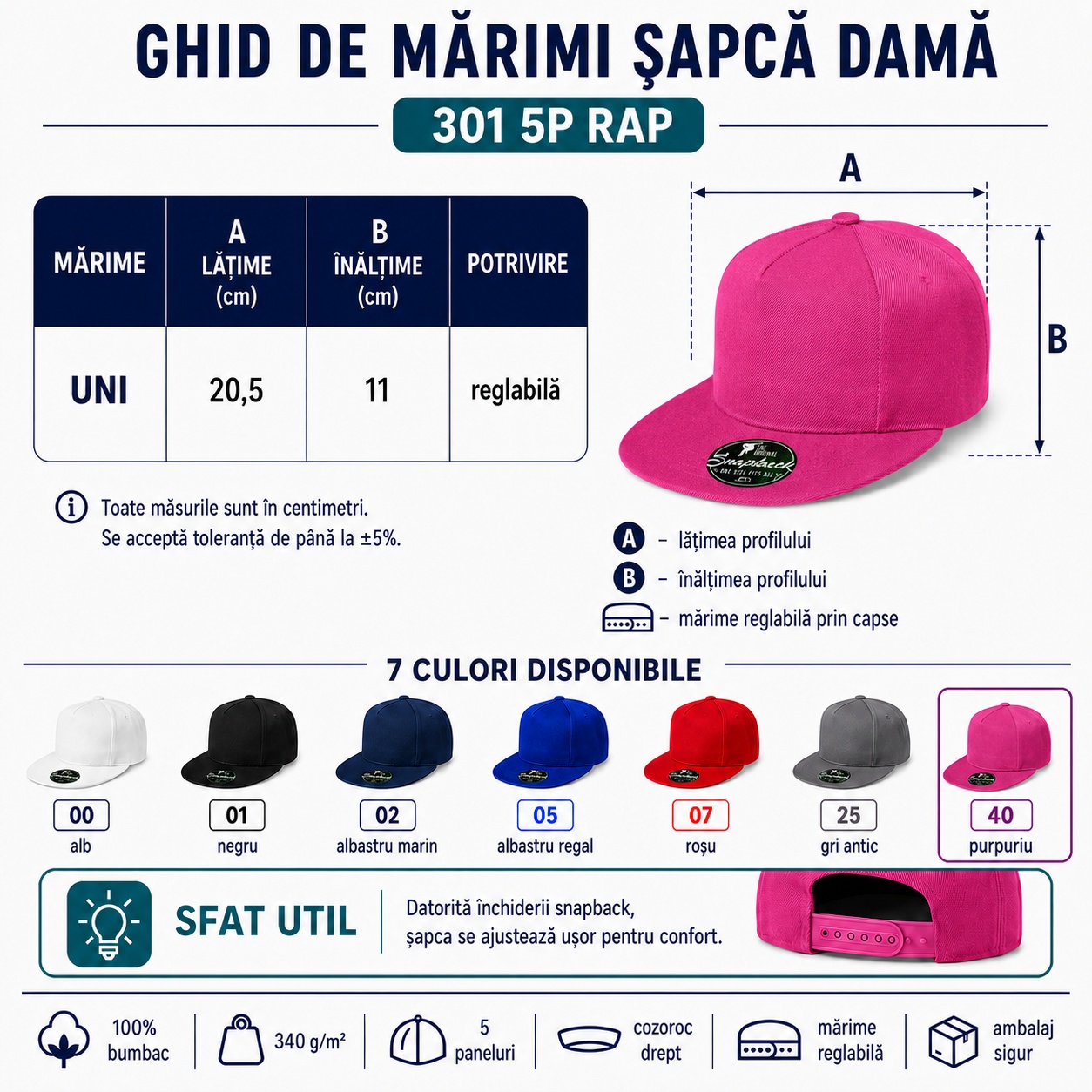 Ghid de mărimi șapcă damă RAP Malfini 301 5P Ghid de mărimi șapcă damă Malfini 301 5P RAP, mărime universală reglabilă