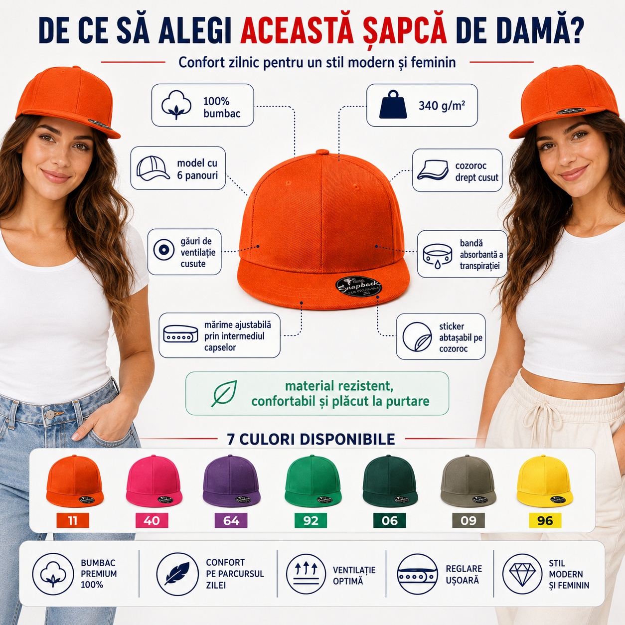 Șapcă damă Rap 6P 302 snapback reglabilă