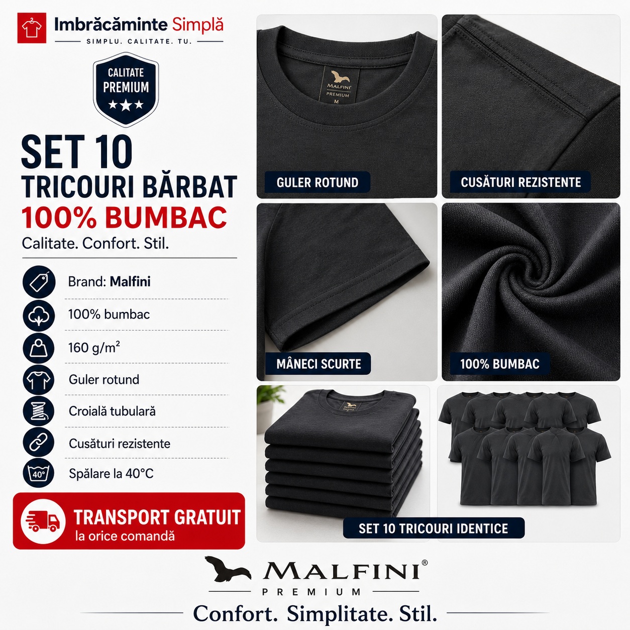 Detalii tricou Malfini guler rotund cusături rezistente mâneci scurte 100% bumbac