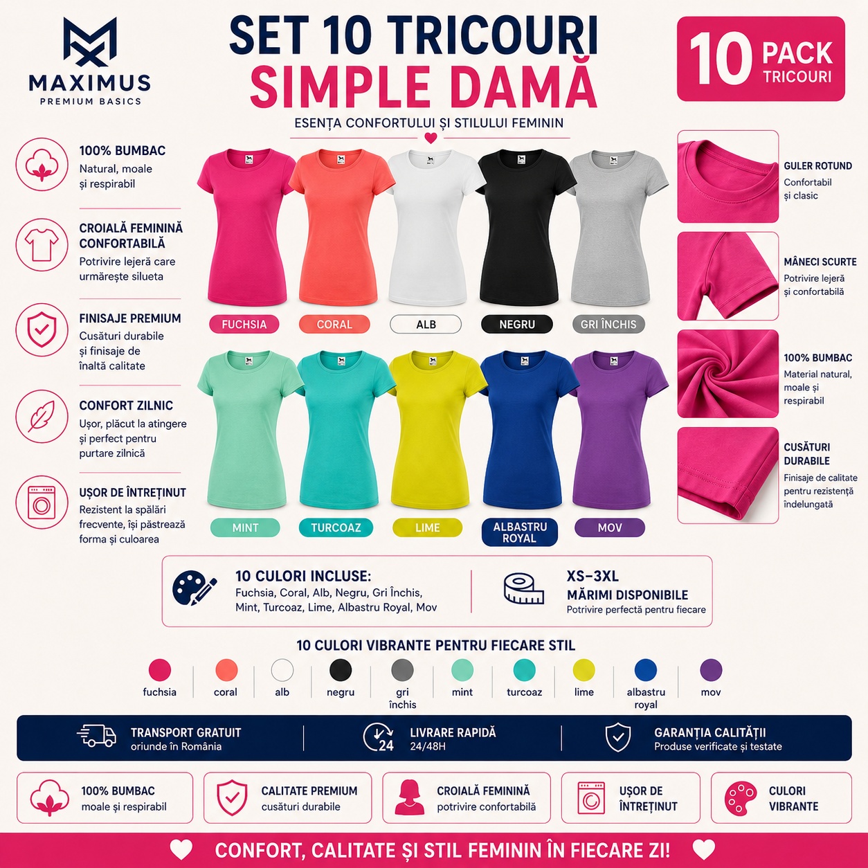 Set 10 tricouri simple damă - confort și stil feminin Set 10 tricouri simple damă, culori variate, bumbac 100%, croială feminină