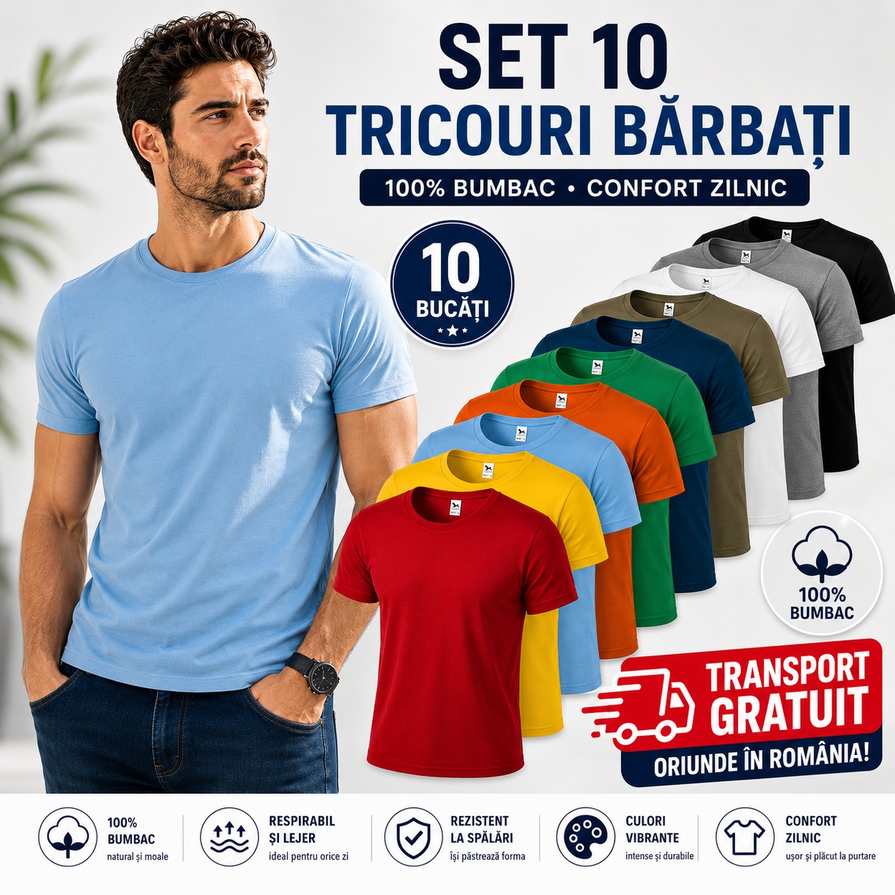 Set 10 tricouri bărbați din bumbac 100%, multicolor, transport gratuit