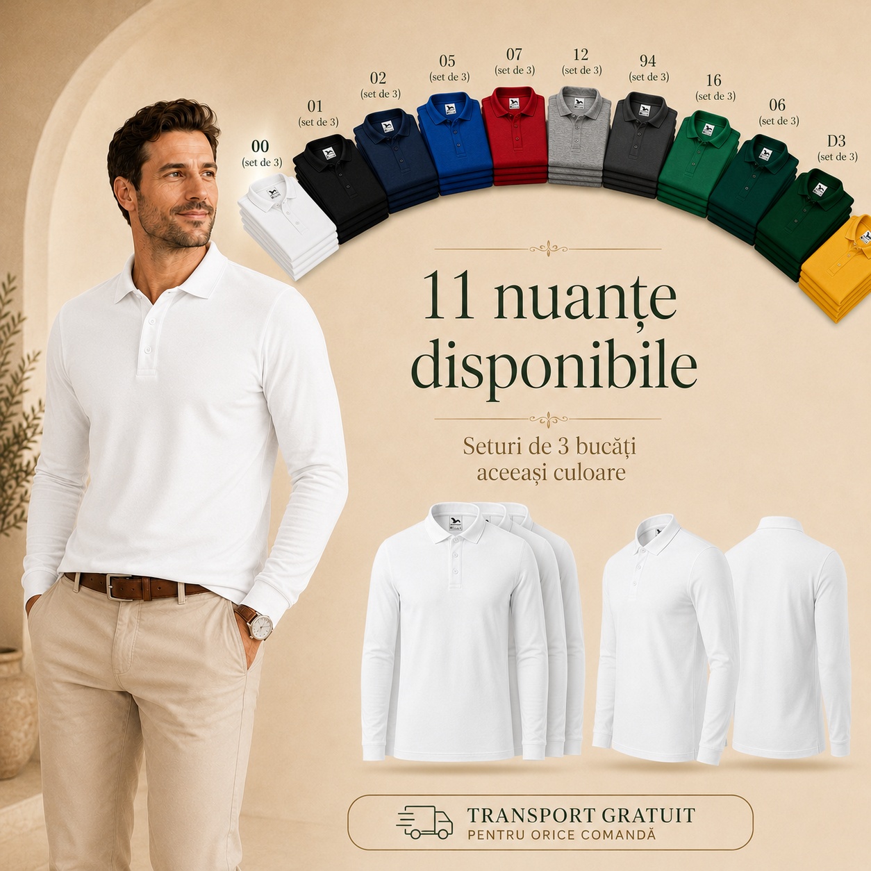 Set 3 bluze polo bărbat cu guler tip Tommy, 11 nuanțe disponibile
