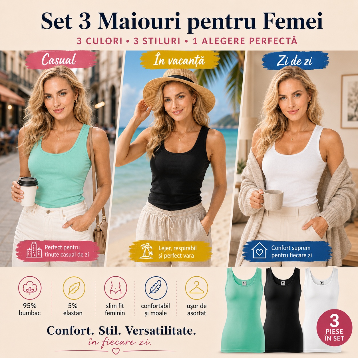 Set 3 maiouri pentru femei casual vacanță zi de zi verde mentă negru alb