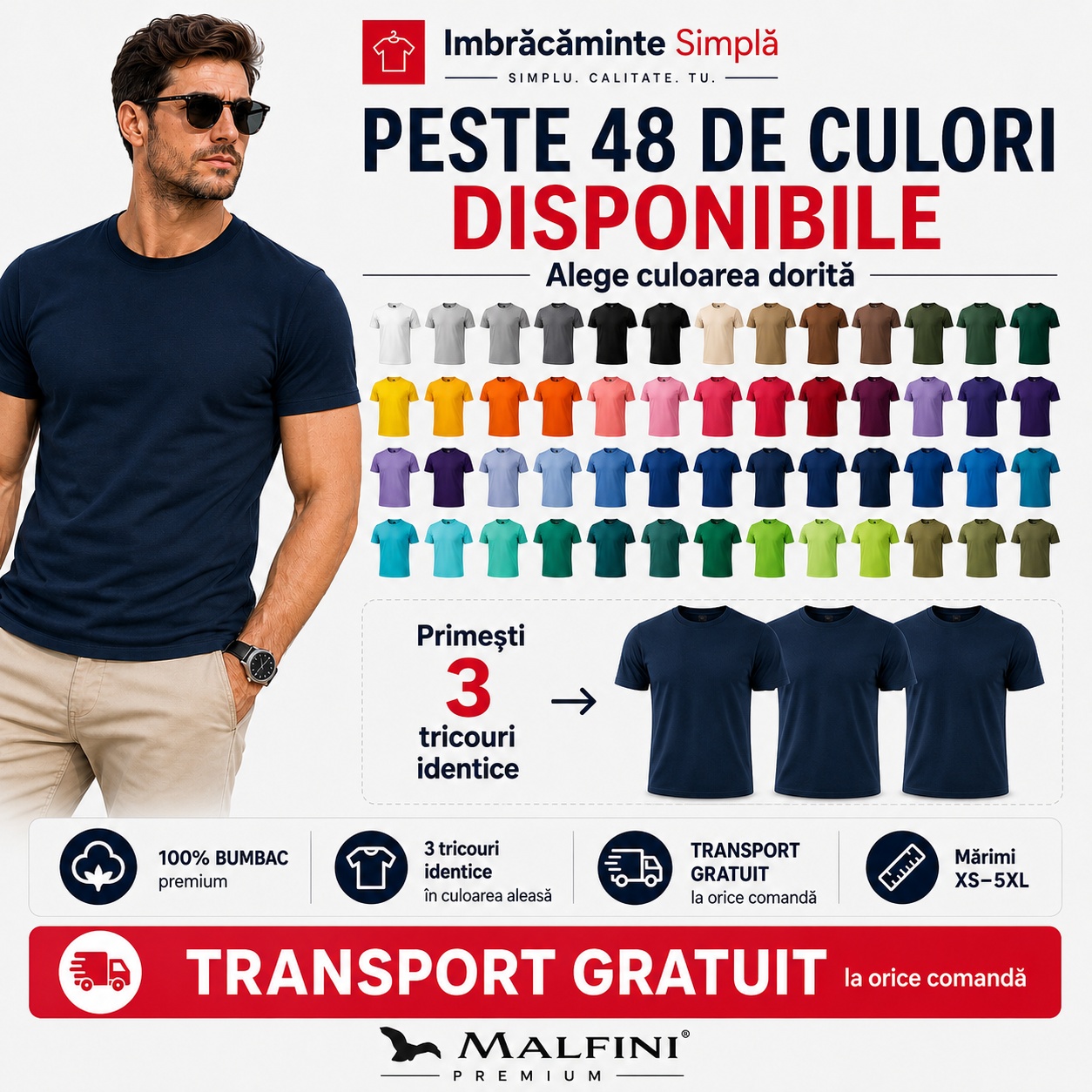 Set 3 tricouri bărbat peste 48 de culori disponibile, 3 tricouri identice, transport gratuit și mărimi XS p&acirc;nă la 5XL