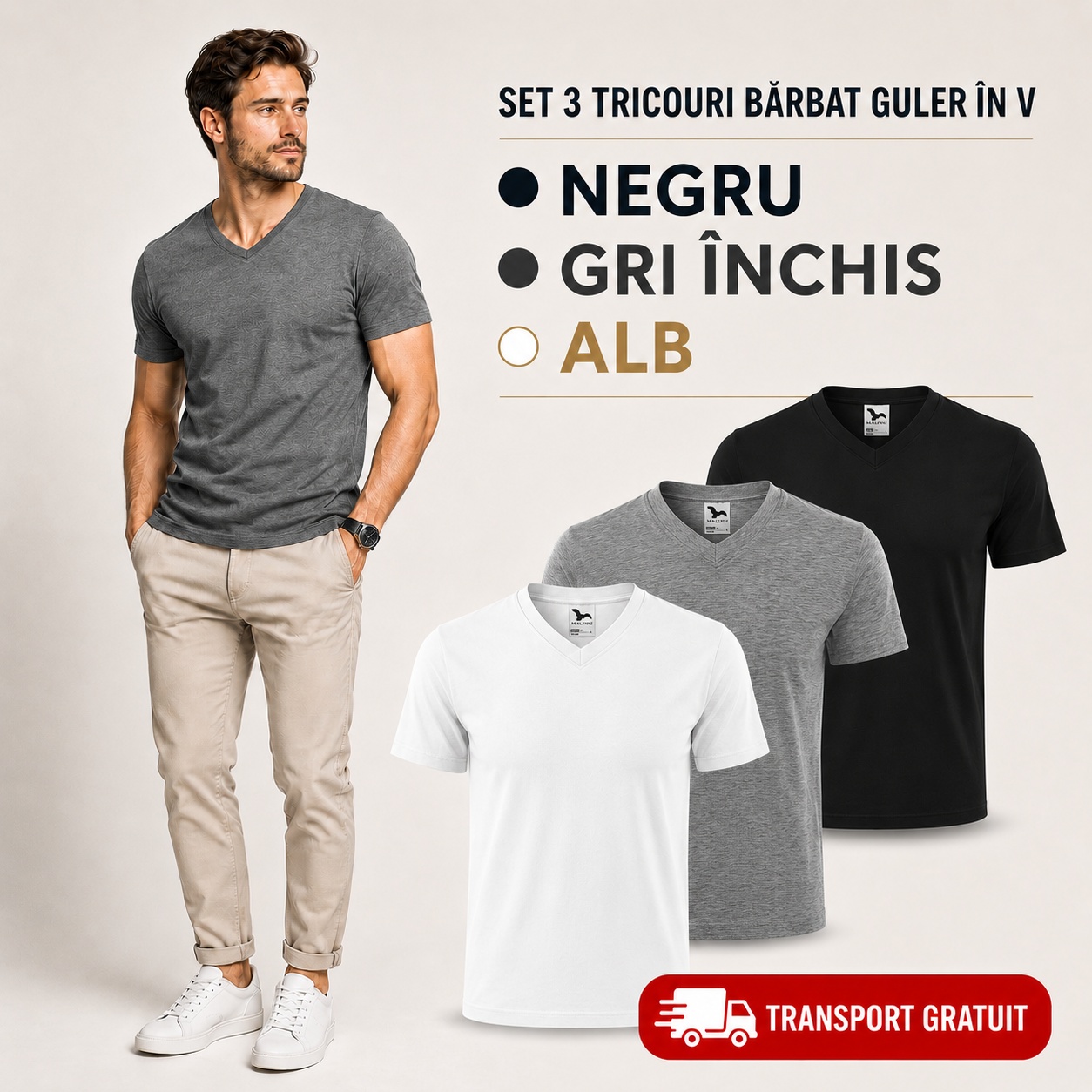 Set 3 Tricouri Bărbați V-Neck Malfini - Alb, Negru și Gri Set 3 tricouri bărbați 100% bumbac cu guler V-Neck Malfini - negru, gri închis și alb cu transport gratuit