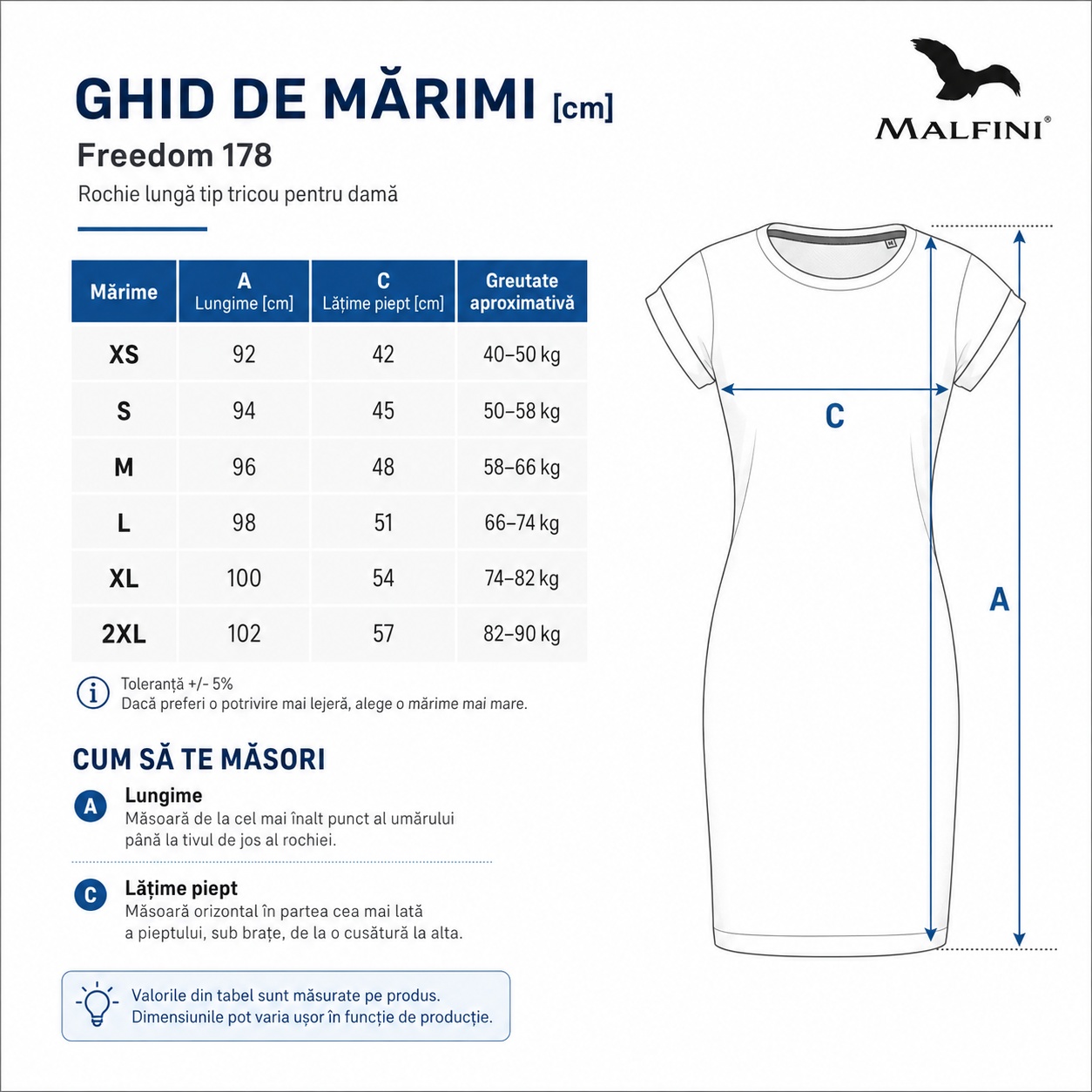 Ghid de Mărimi Freedom 178 - XS, S, M, L, XL, 2XL Ghid de mărimi pentru rochie lungă tip tricou damă Freedom 178, mărimi XS S M L XL 2XL