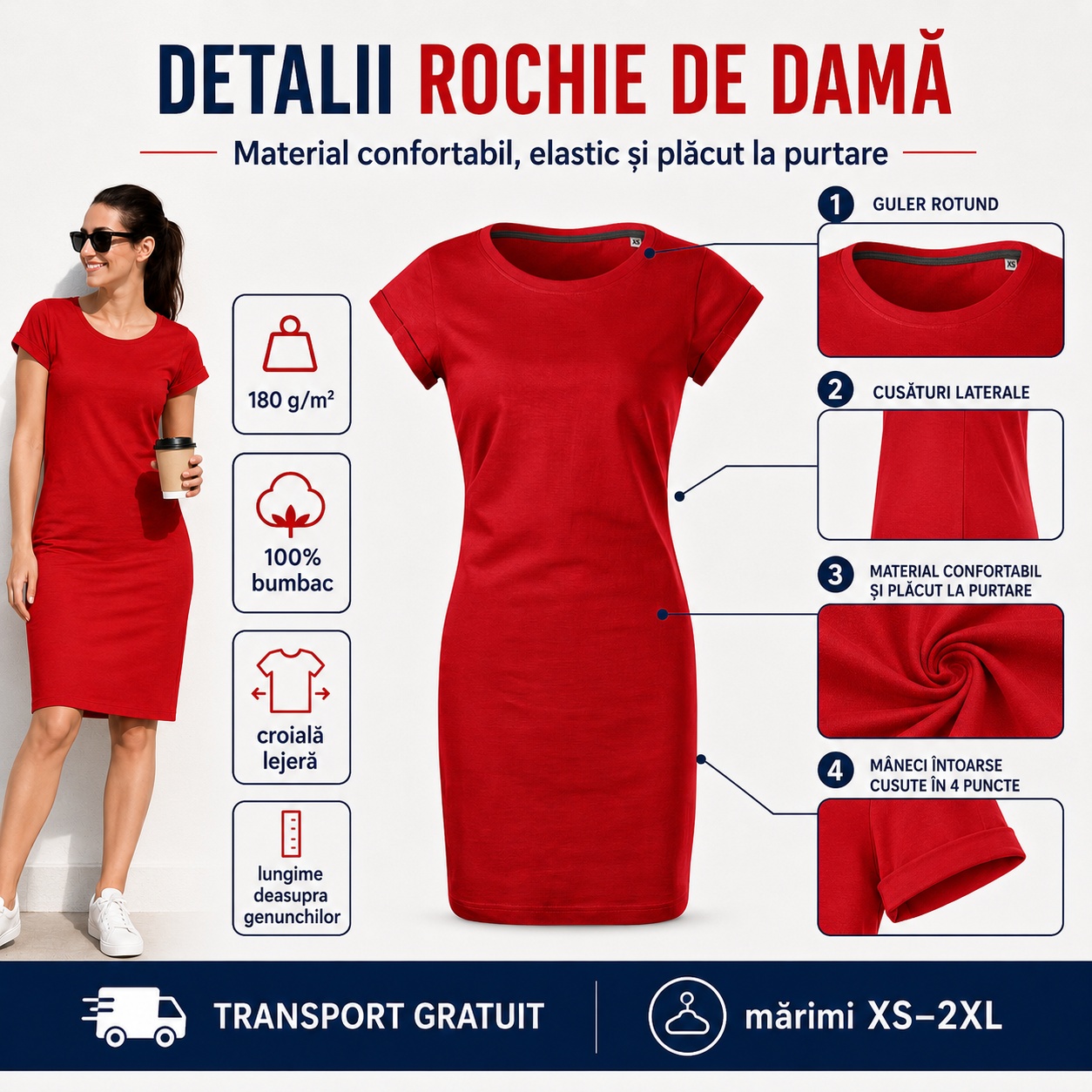 Detalii rochie damă Malfini Freedom 178, guler rotund, cusături laterale, mânecă scurtă, croială lejeră