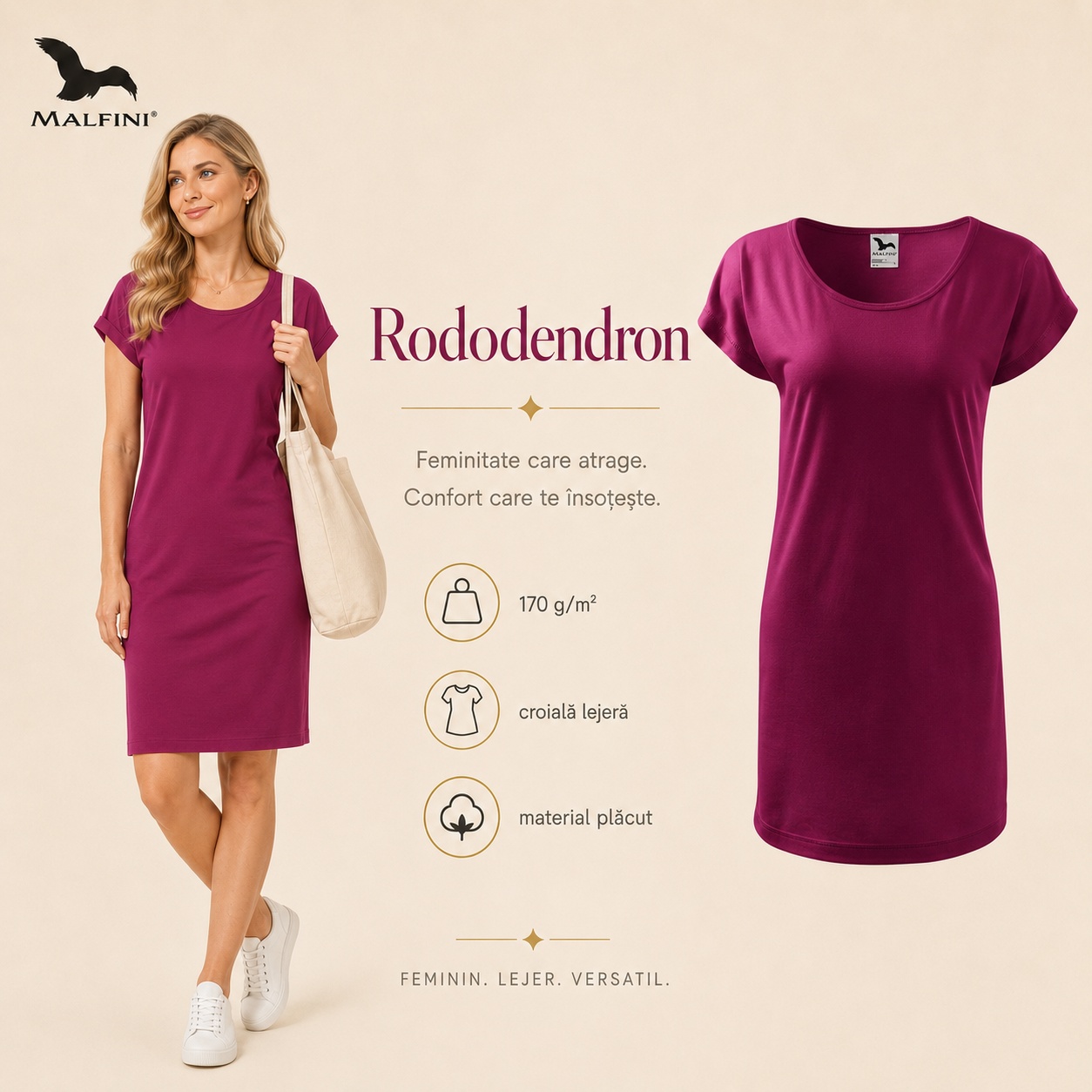 Tricou lung damă tip rochie rododendron Malfini Love 123 croială lejeră material plăcut