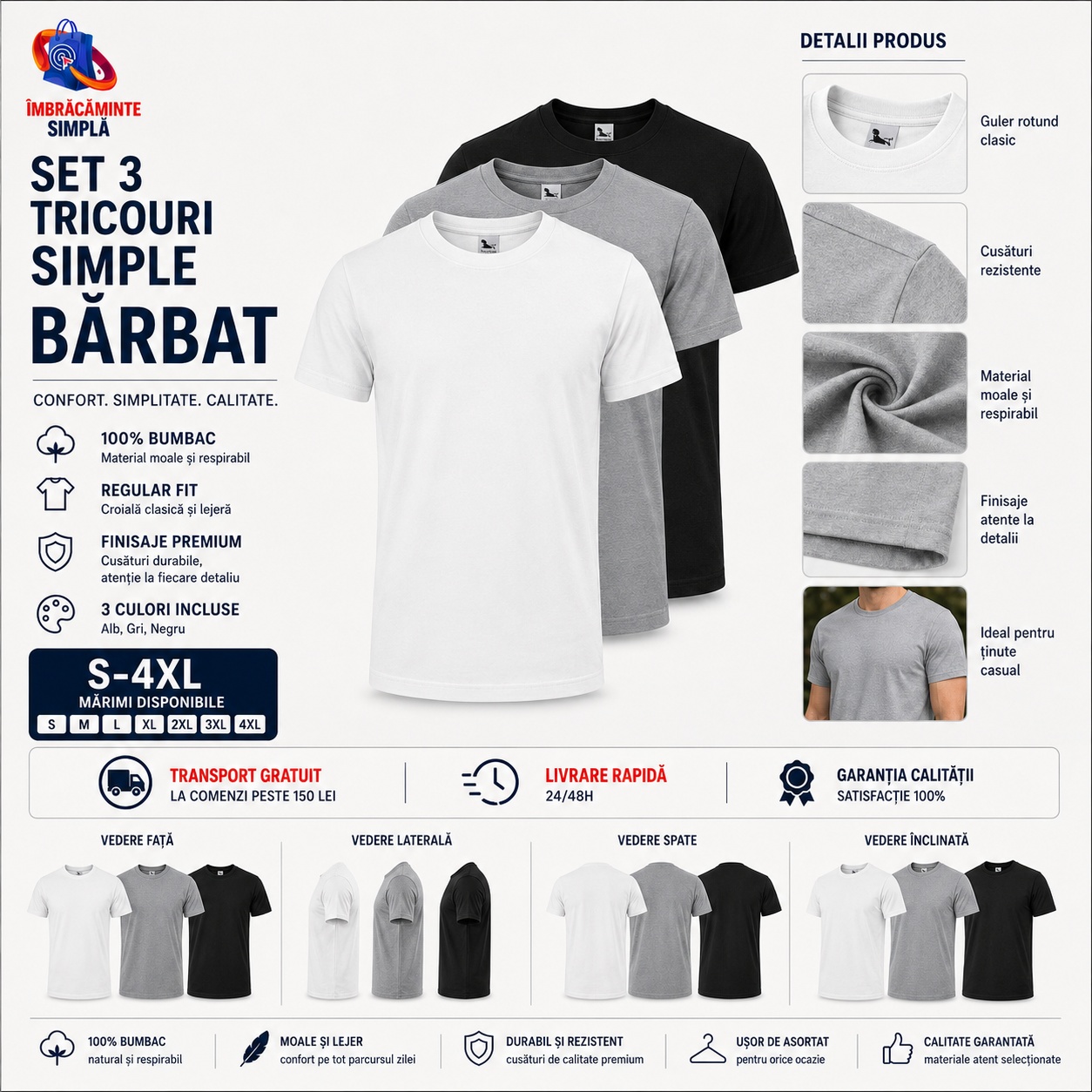 Detalii Produs - Set 3 Tricouri Simple Bărbați Detalii produs set 3 tricouri bărbați guler rotund cusături rezistente material moale
