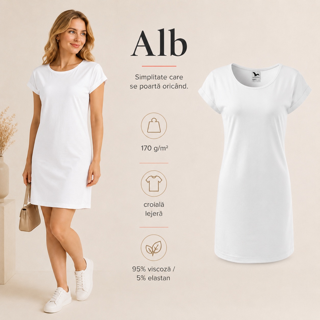 Tricou tip rochie damă alb Malfini Love 123 simplitate croială lejeră