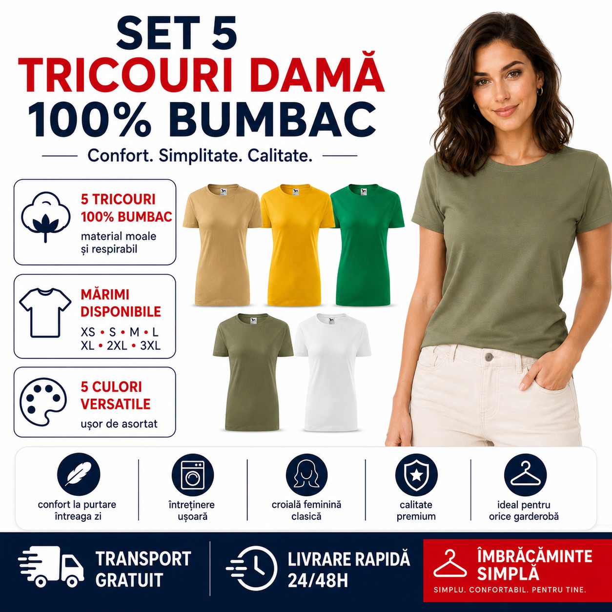 Set 5 tricouri damă 100% bumbac confort simplitate calitate