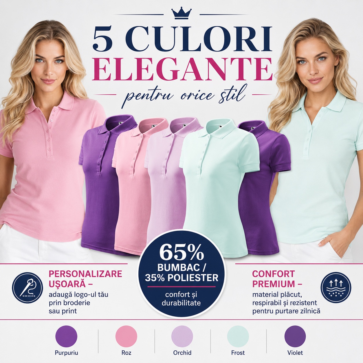 5 culori elegante tricouri polo dama purpuriu roz orchid frost violet confort premium personalizare usoara
