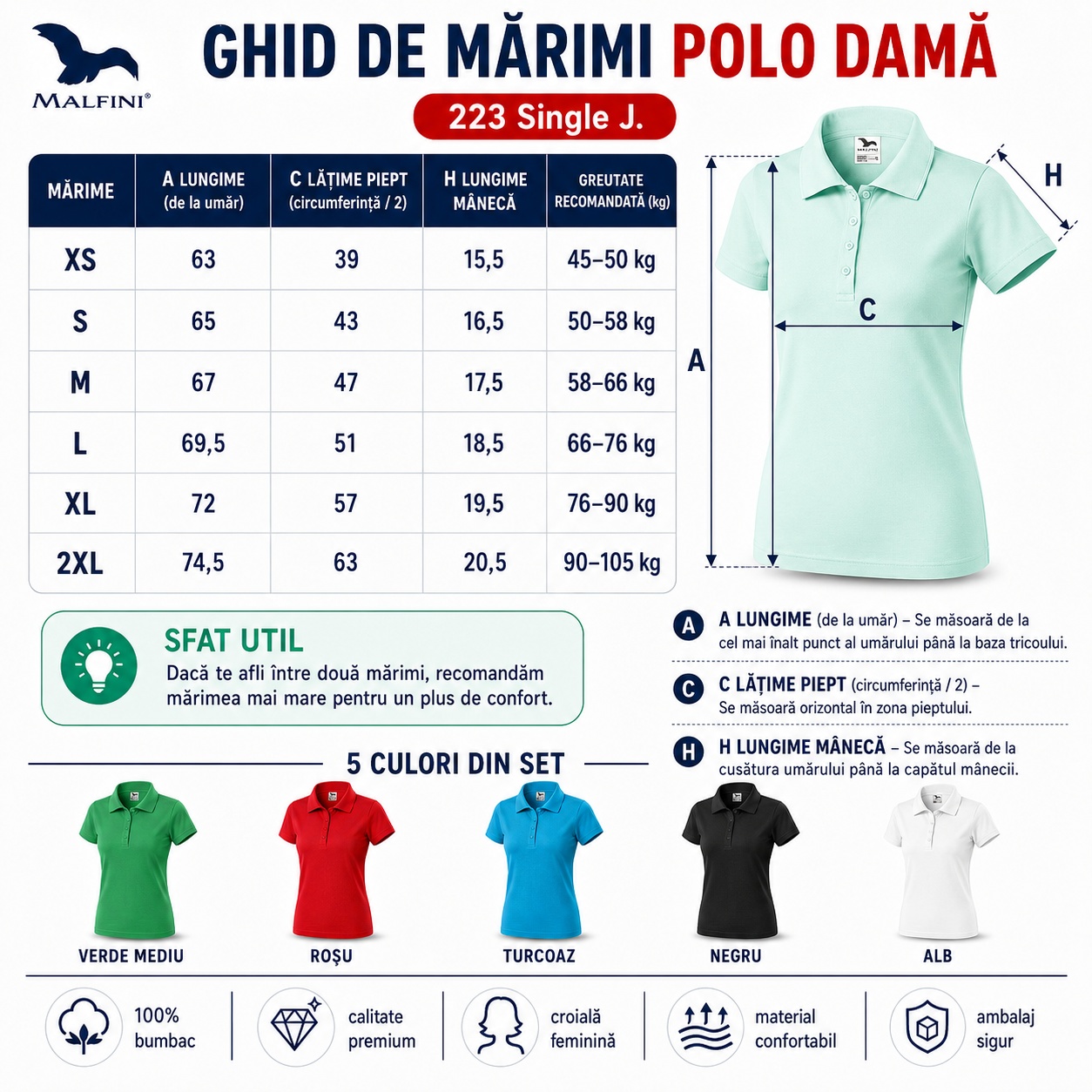 Ghid de mărimi tricouri polo damă Malfini Single J 223