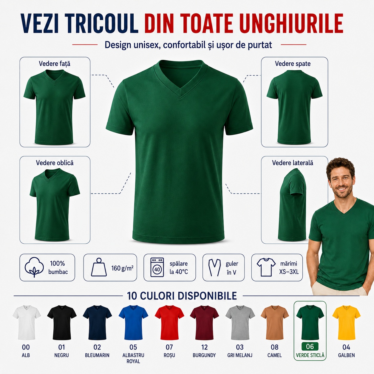 Tricou bărbat văzut din toate unghiurile Tricou bărbat Malfini 102 văzut din față spate lateral și oblic