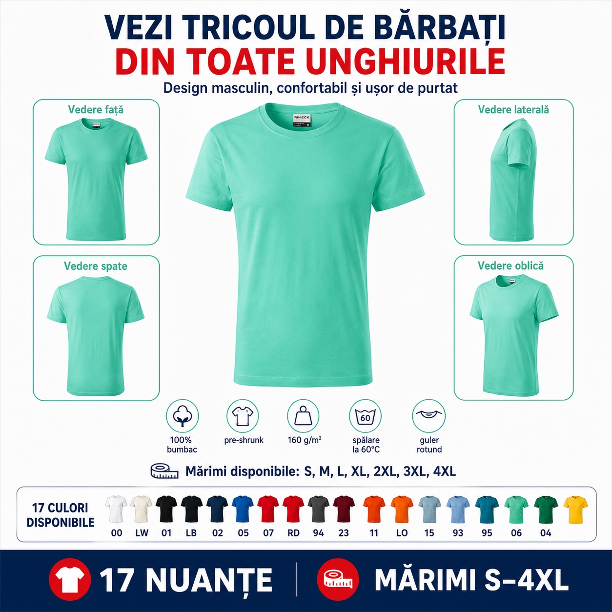 Tricou bărbați Rimeck Resist R01 văzut din față, spate, lateral și oblic