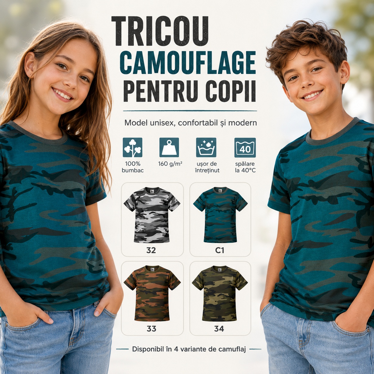 Tricou camouflage pentru copii, model unisex, confortabil și modern, disponibil &icirc;n 4 variante