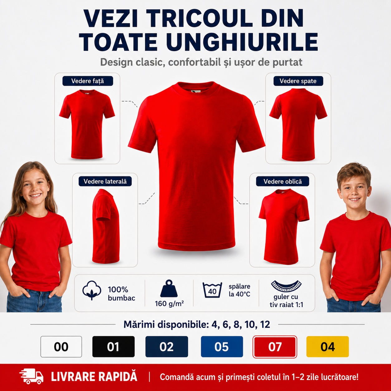 Tricou copii Classic Malfini văzut din față, spate, lateral și oblic