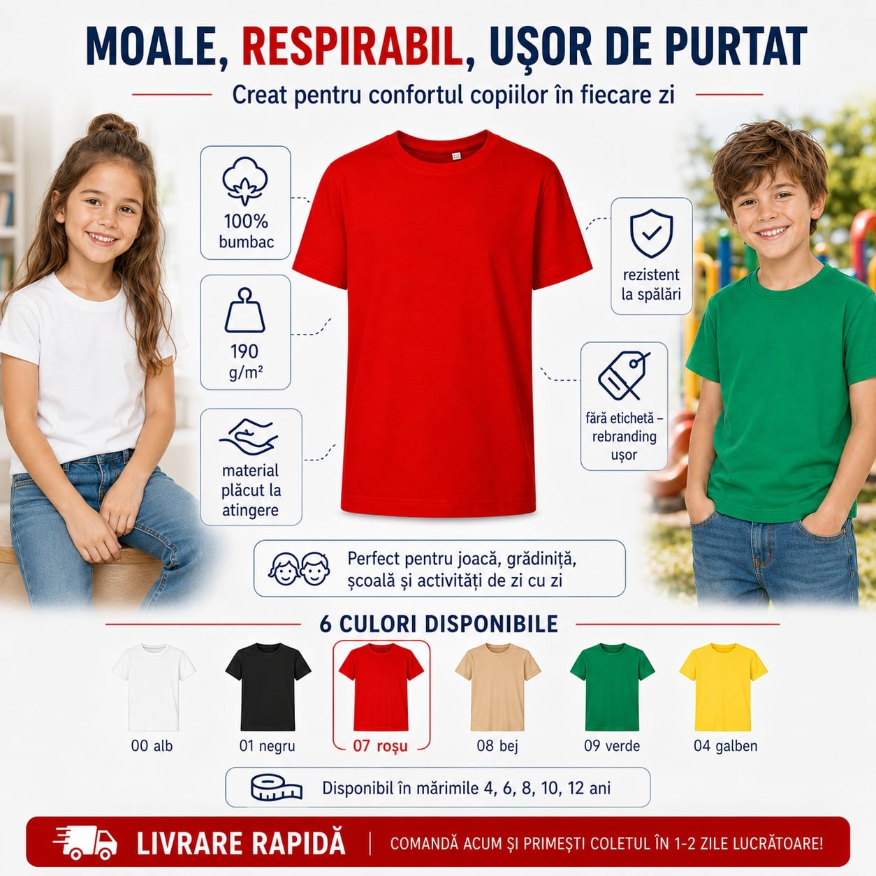 Tricou copii Edge Malfini moale, respirabil și ușor de purtat