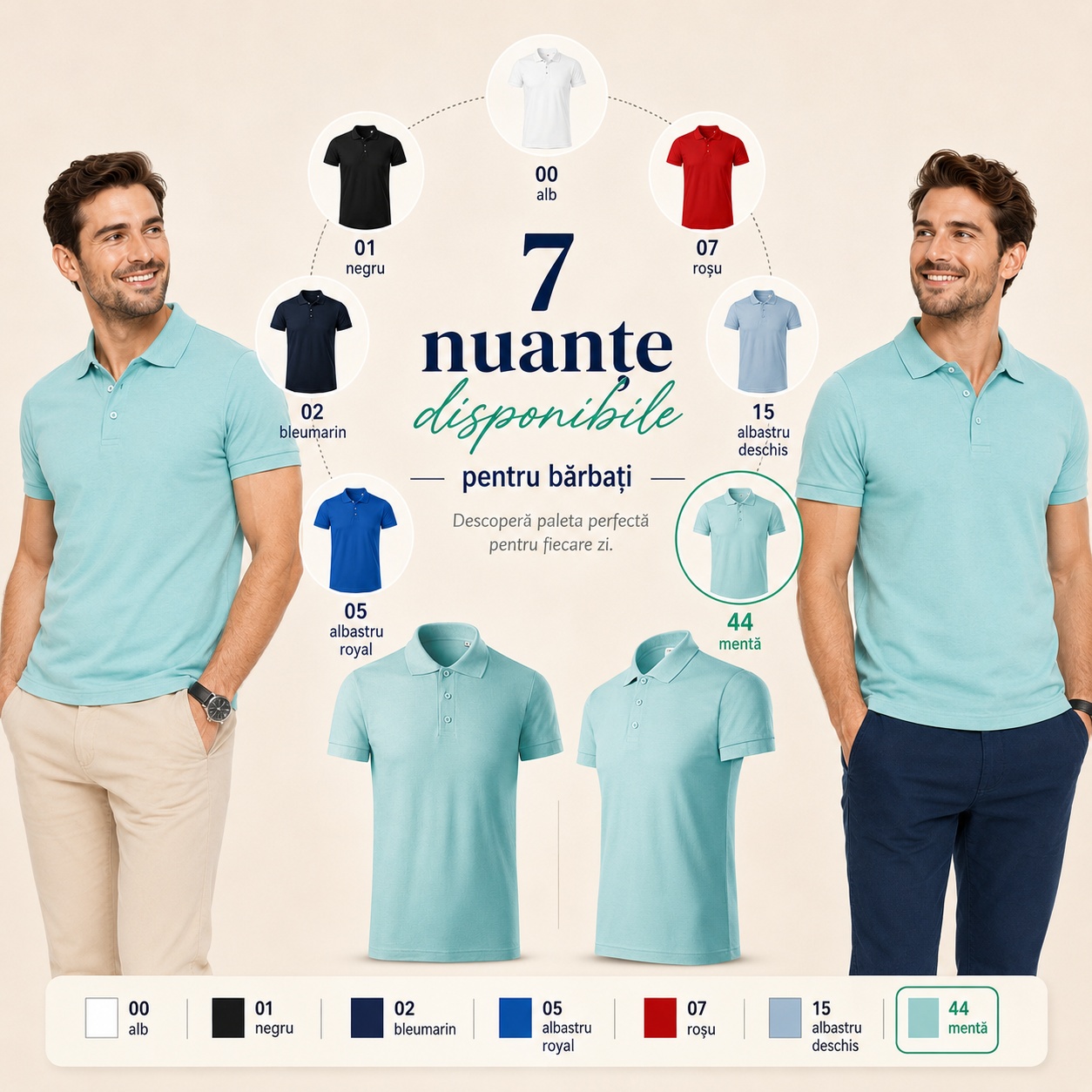 Tricou polo bărbat cu 7 nuanțe disponibile, alb, negru, roșu, bleumarin, albastru royal, albastru deschis și mentă