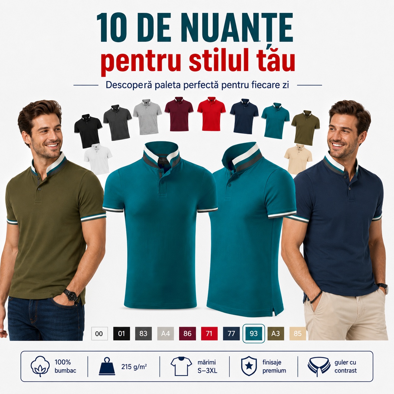 Tricou polo bărbați 256 Collar Up, 10 nuanțe pentru stilul tău, 100% bumbac, 215 g/m², mărimi S-3XL și finisaje premium
